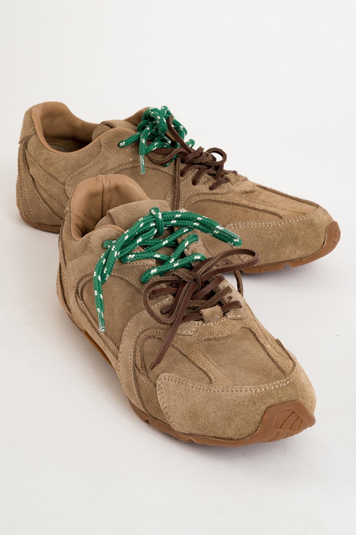 Selena - Dark Beige Suede Leather Sneakers – front three-quarter view showing leather, suede, red, Vowalisse