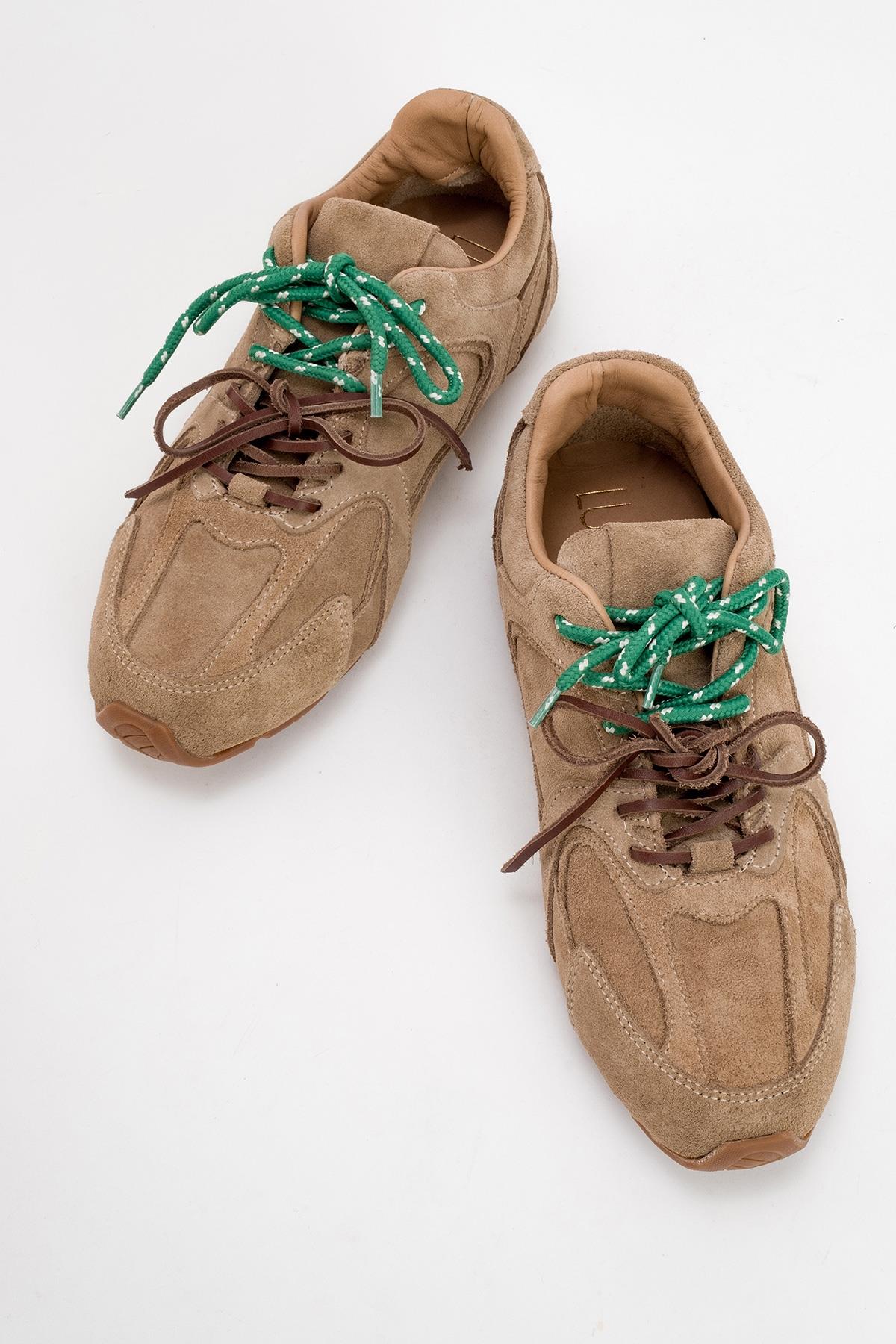 Selena - Dark Beige Suede Leather Sneakers – side view showing leather, suede, red, Vowalisse