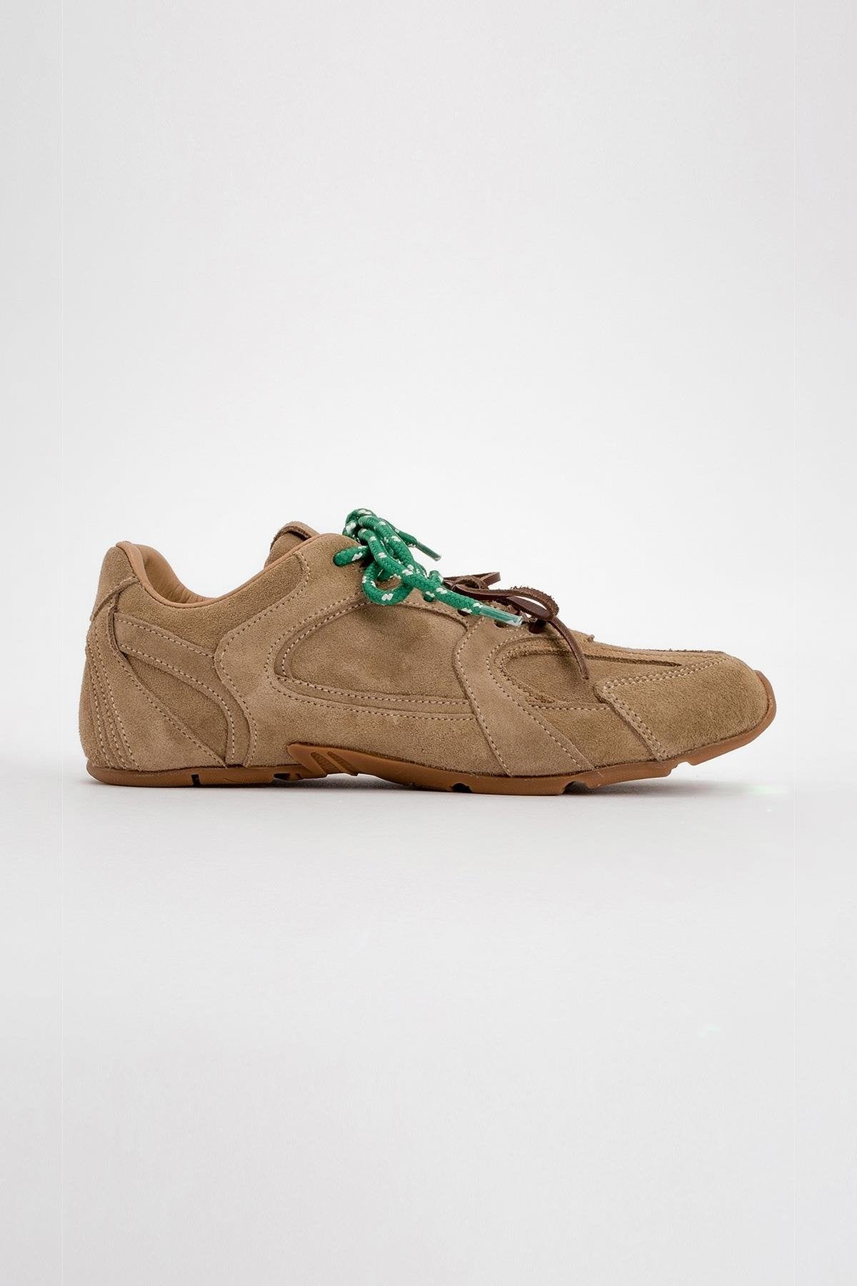 Selena - Dark Beige Suede Leather Sneakers – back view showing leather, suede, red, Vowalisse