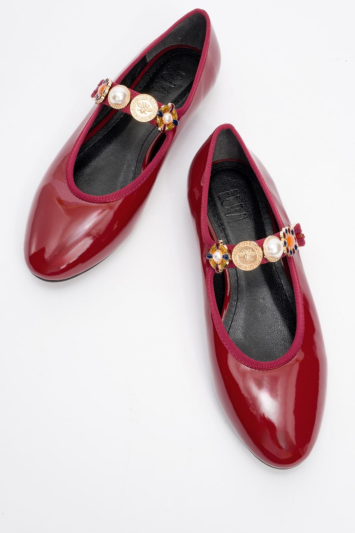 Lauras - Burgundy Patent Embellished Ballet Flat – side view showing leather, Vowalisse