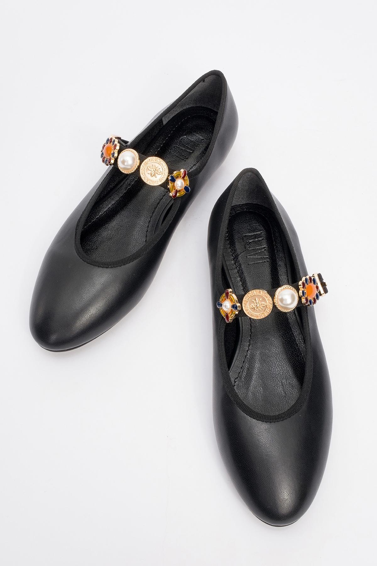 Lauras - Black Embellished Ballet Flat – side view showing leather, black, Vowalisse