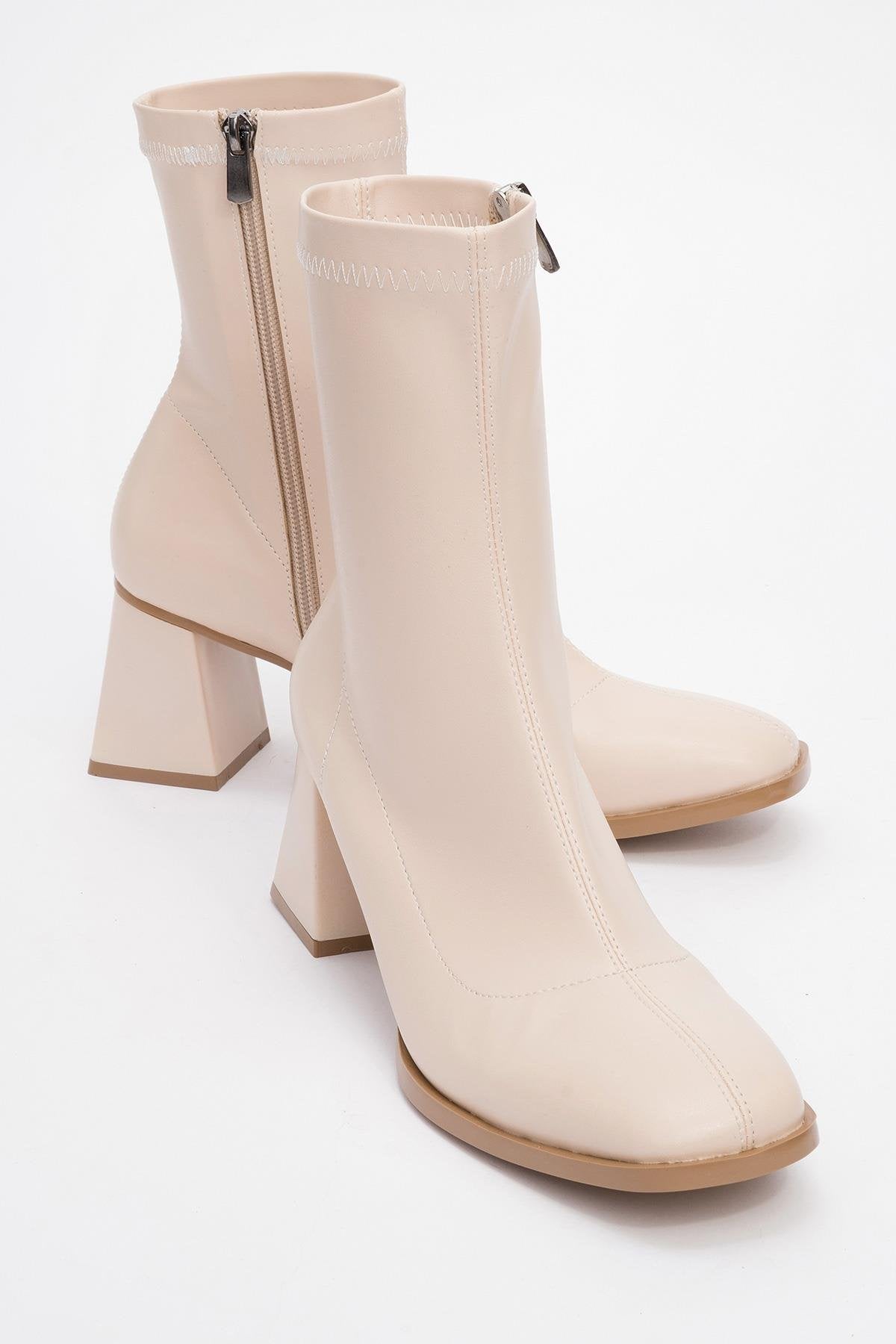 Plesa Beige Chunky Heel Boot – front three-quarter view showing leather, red, Vowalisse