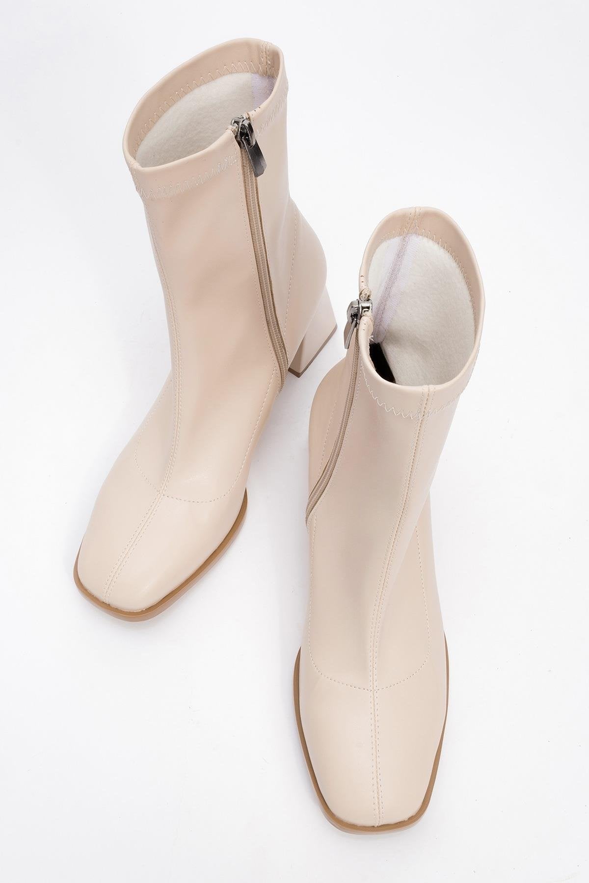 Plesa Beige Chunky Heel Boot – side view showing leather, red, Vowalisse
