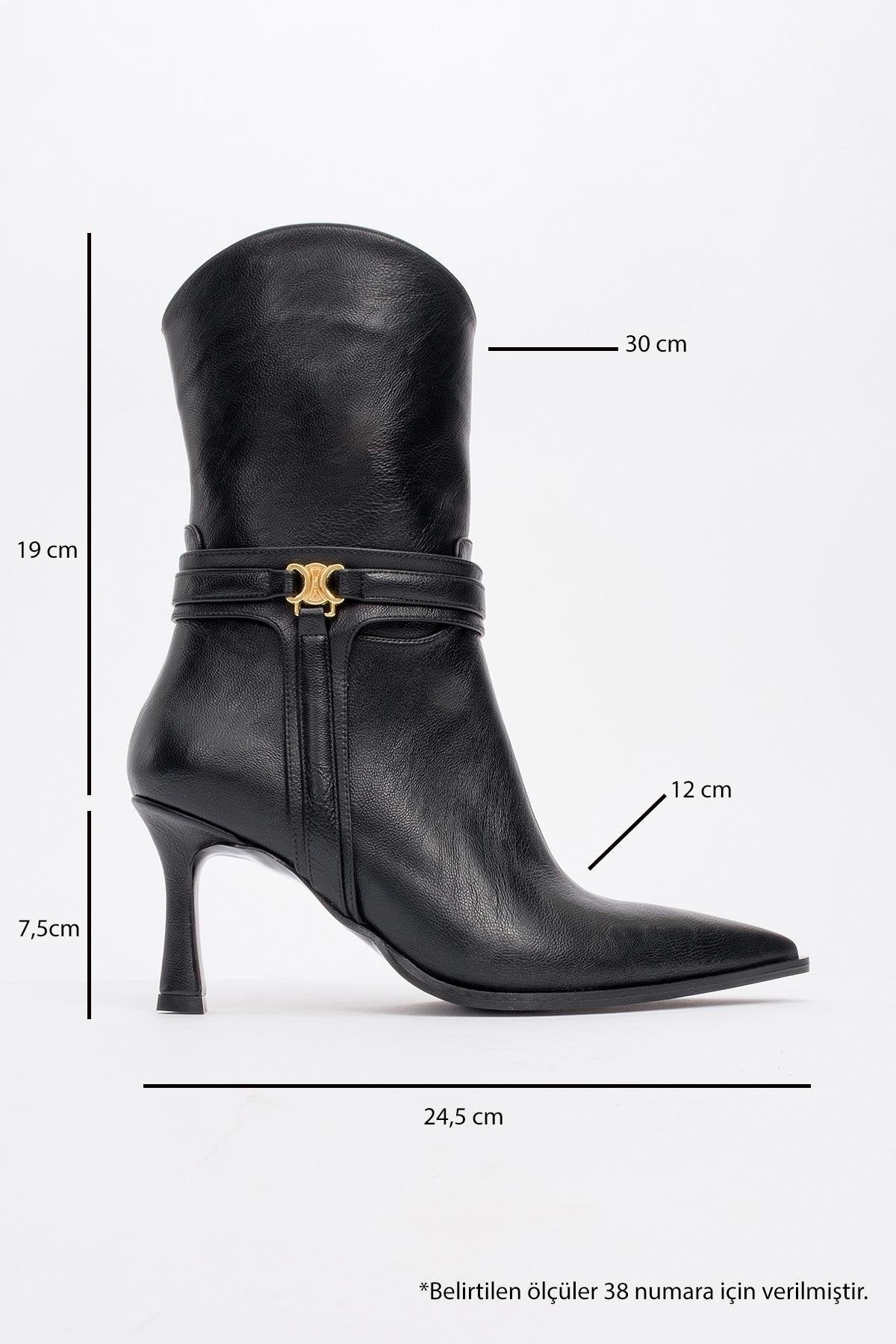 Berton - Black Zippered Pointed Toe High Heel Boot – heel view showing leather, black, red, Vowalisse