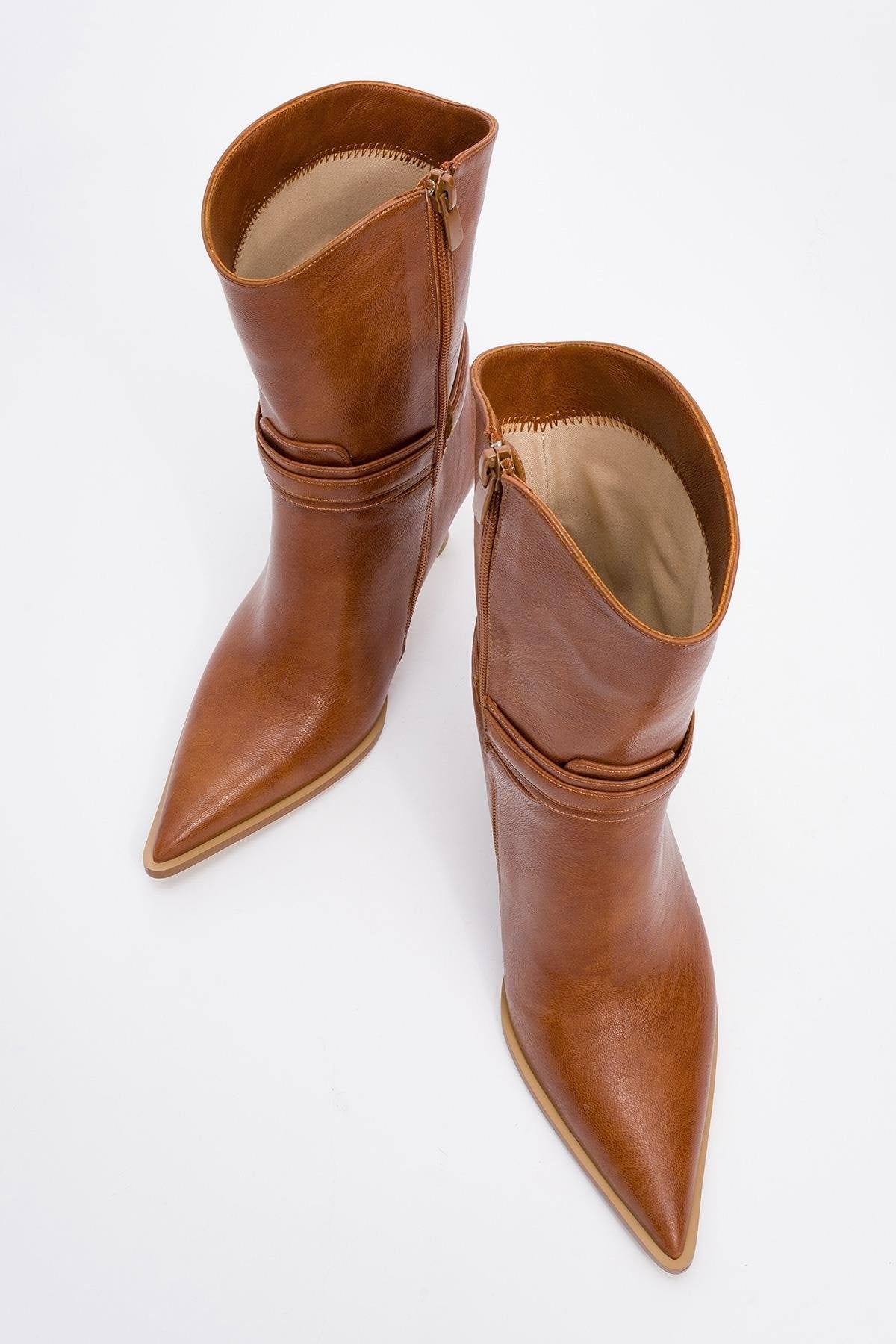 Berton - Cognac Zippered Pointed Toe High Heel Boot – side view showing leather, red, Vowalisse