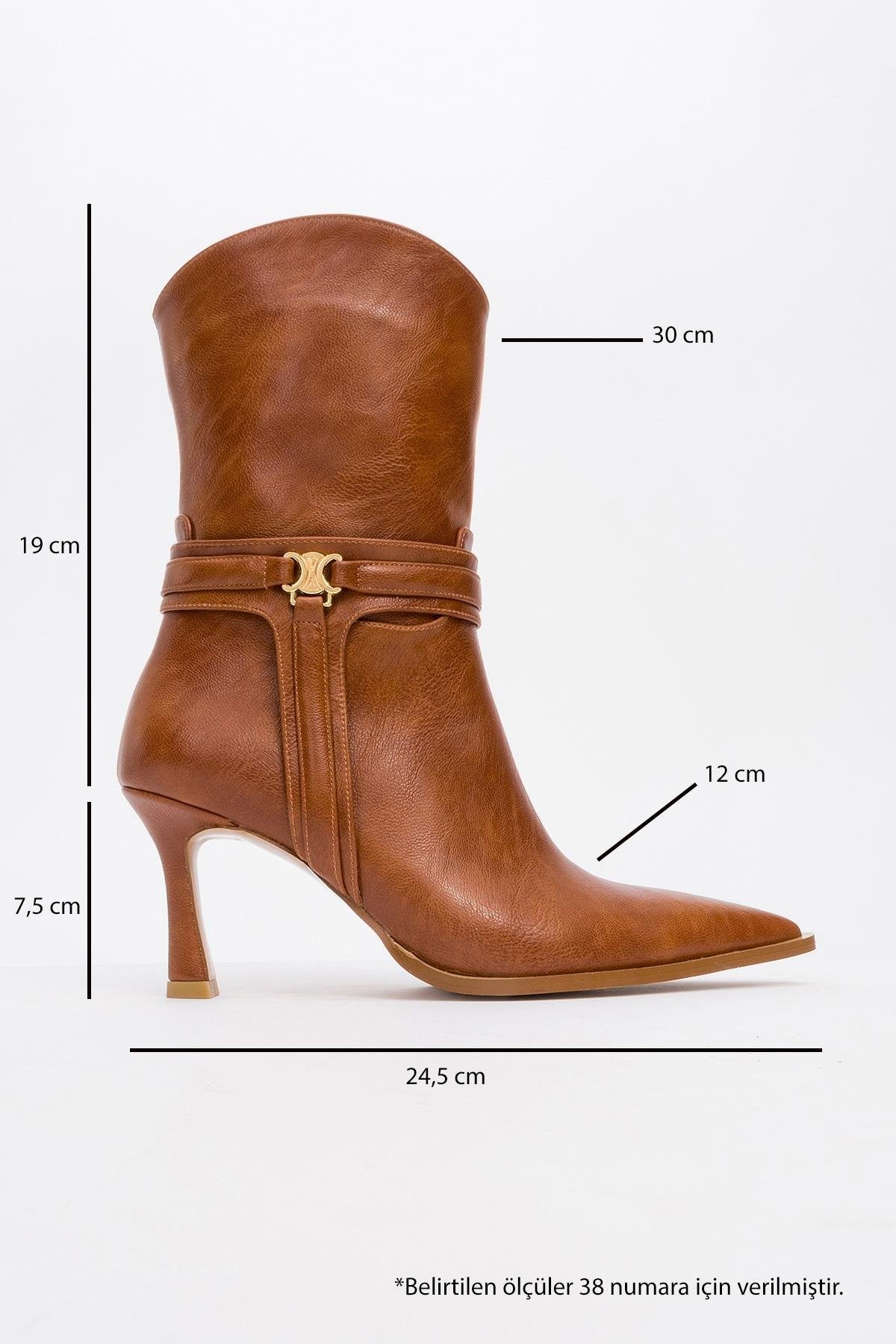 Berton - Cognac Zippered Pointed Toe High Heel Boot – heel view showing leather, red, Vowalisse