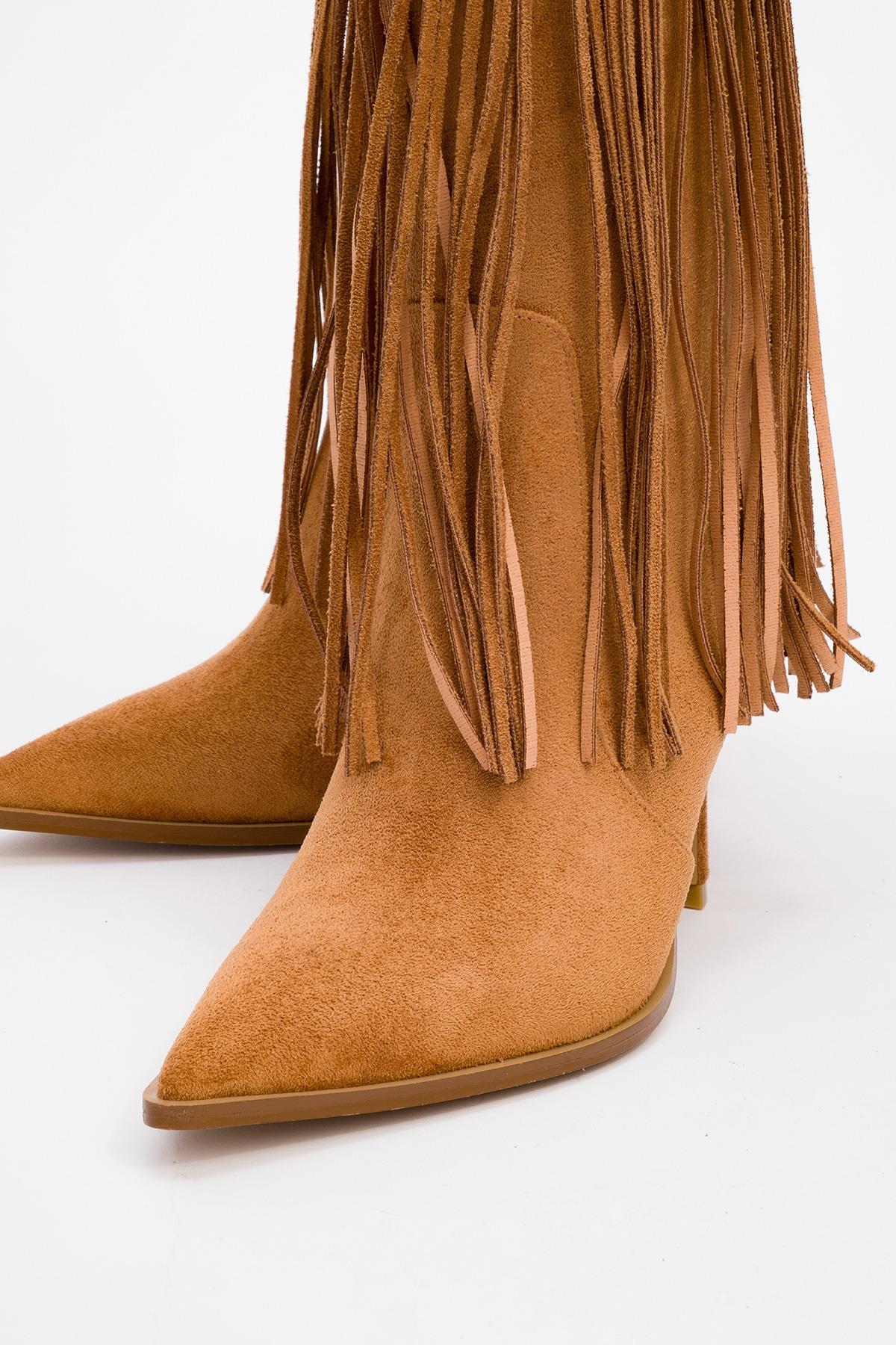 Gueras - Cognac Fringed Pointed Toe High Heel Boot – detail view showing suede, Vowalisse