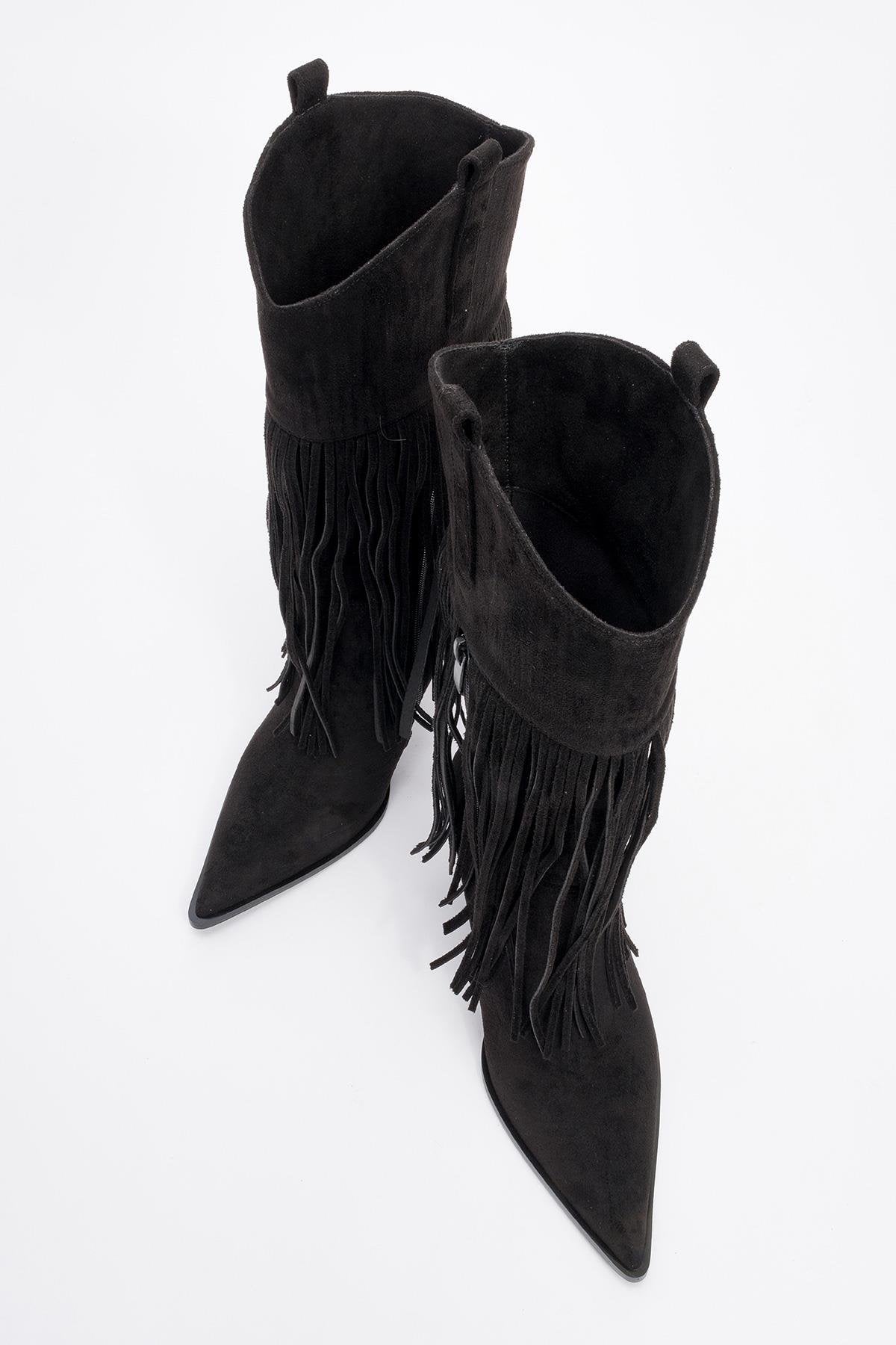 Gueras - Black Fringed Pointed Toe High Heel Boot – side view showing suede, black, Vowalisse