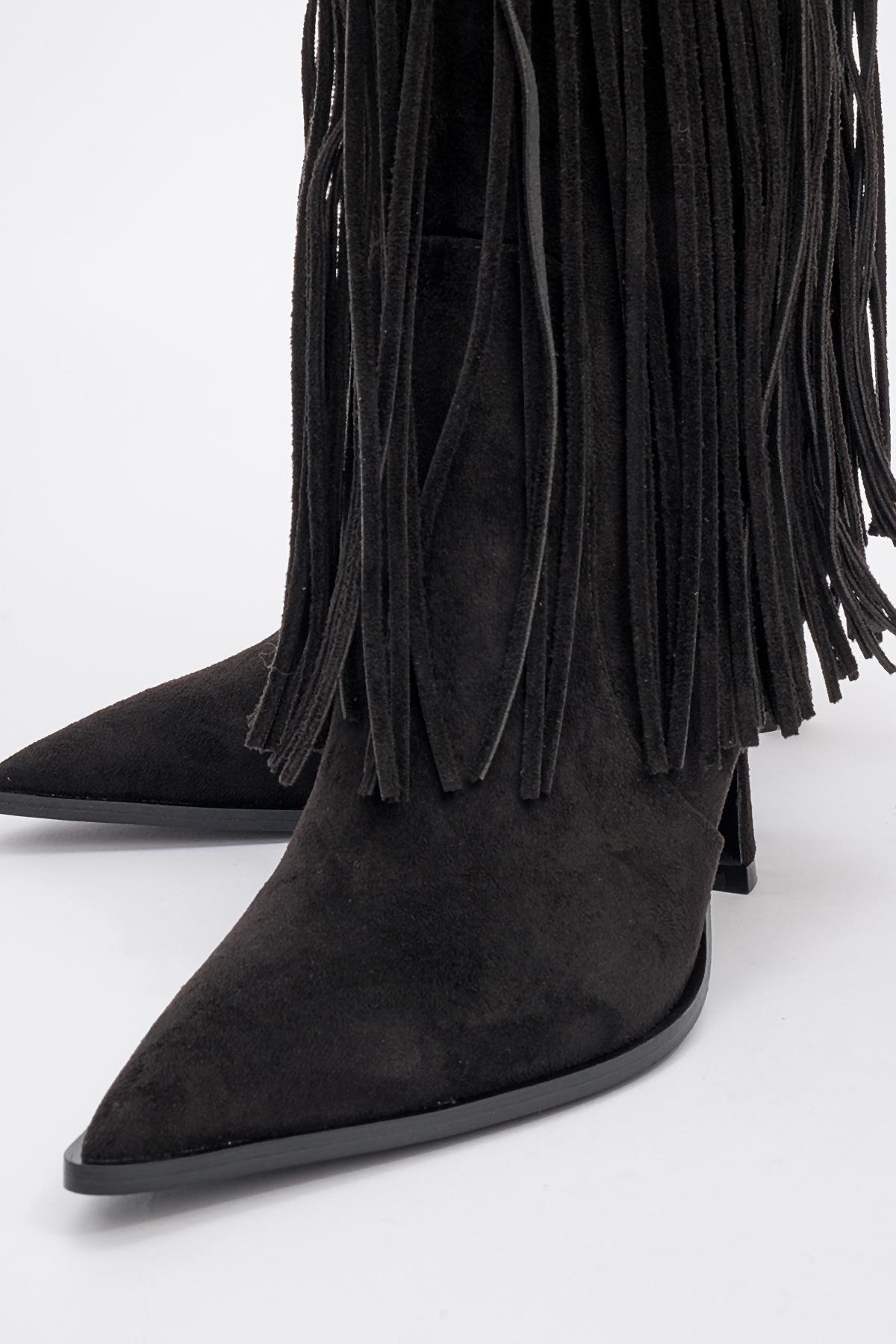 Gueras - Black Fringed Pointed Toe High Heel Boot – detail view showing suede, black, Vowalisse