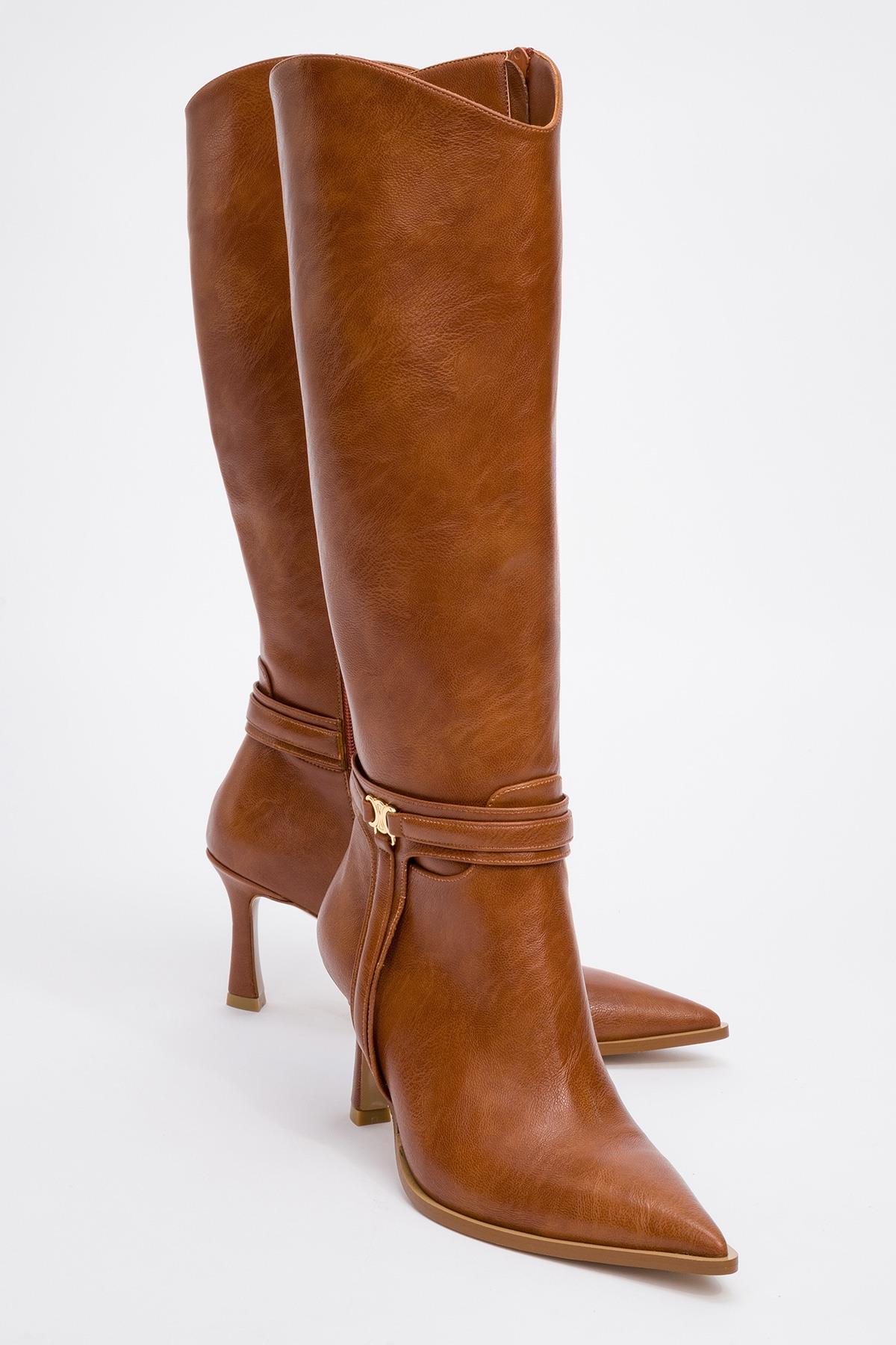 Melinka - Cognac Pointed Toe High Heel Boot – front three-quarter view showing leather, Vowalisse