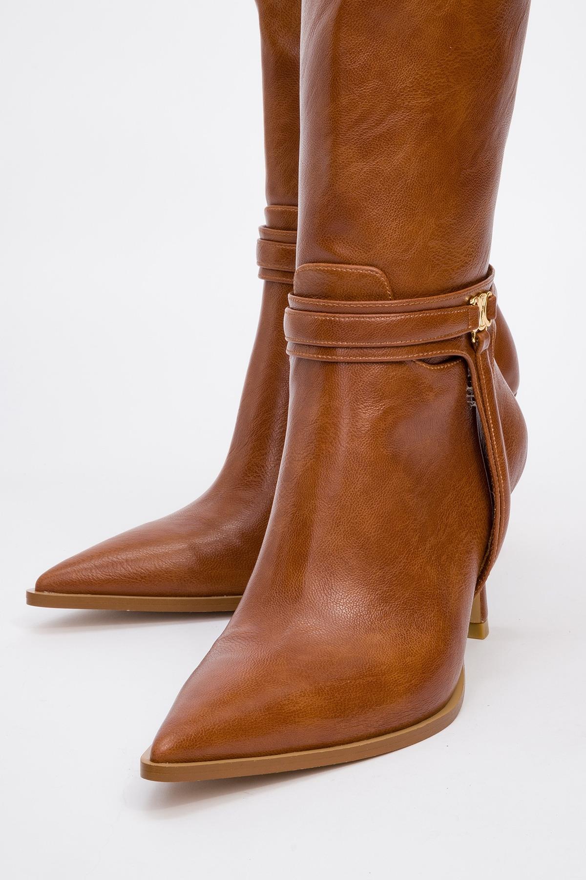 Melinka - Cognac Pointed Toe High Heel Boot – detail view showing leather, Vowalisse