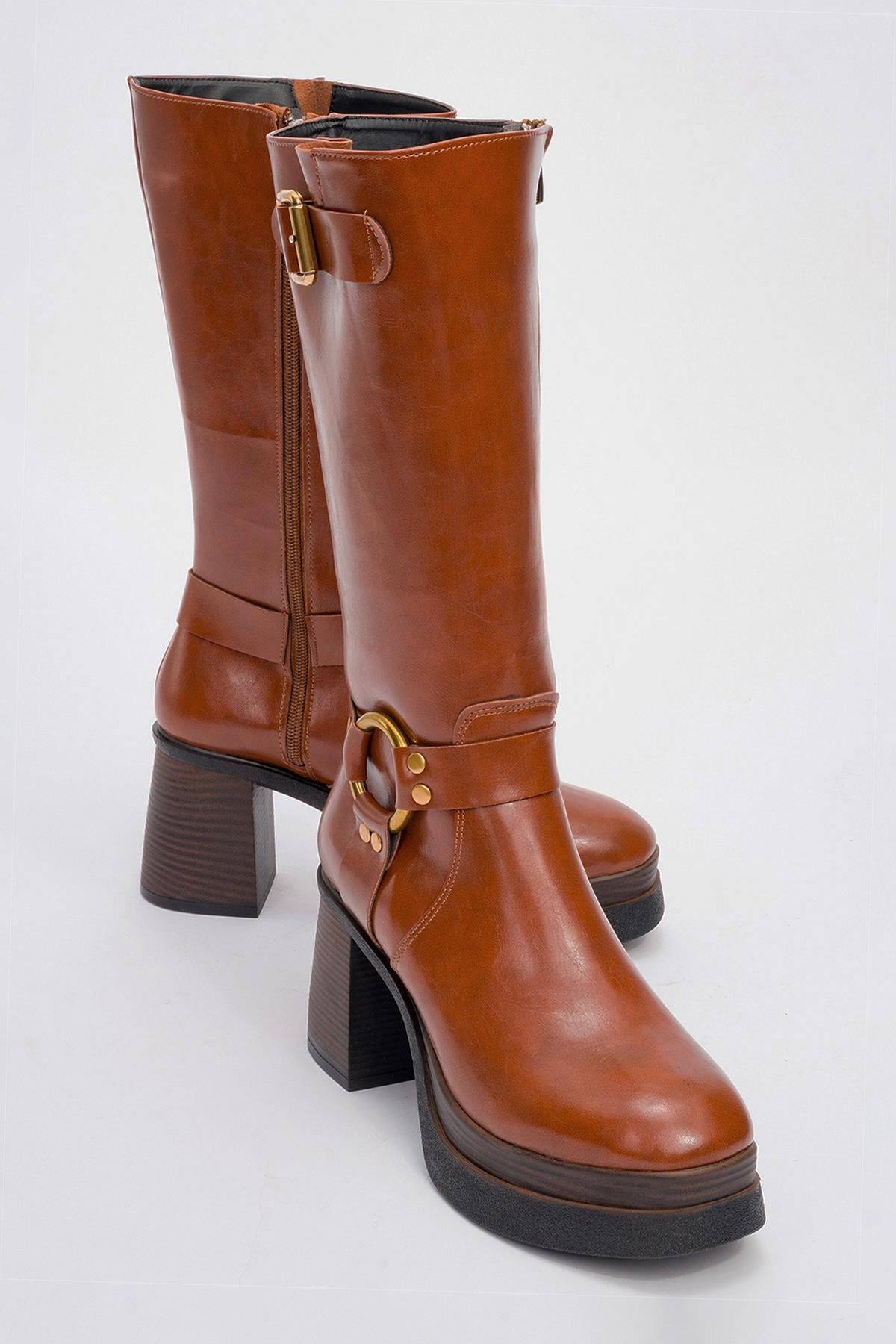 Rock - Cognac Buckle Zip Platform Heel Boot – front three-quarter view showing leather, Vowalisse