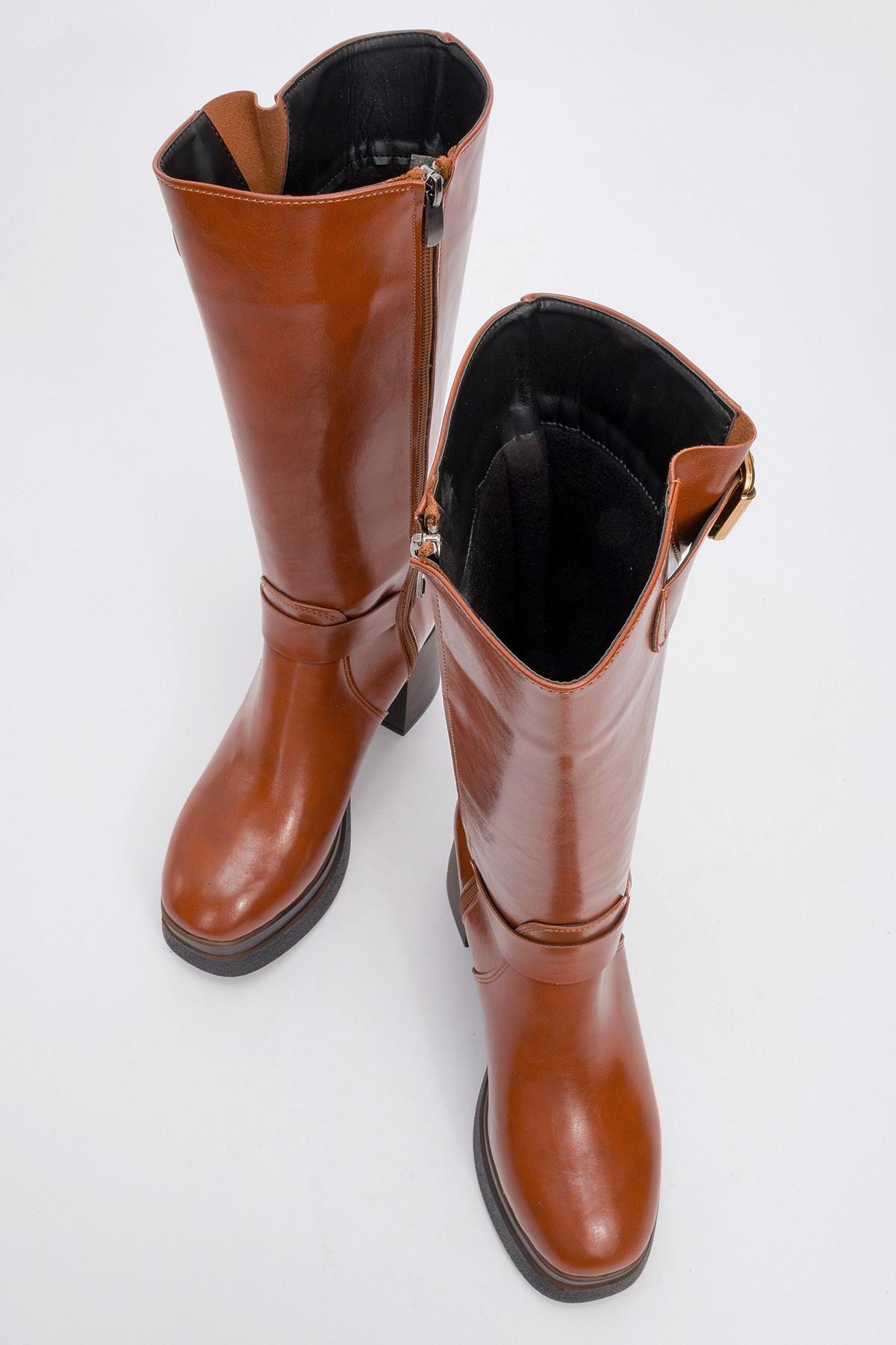 Rock - Cognac Buckle Zip Platform Heel Boot – side view showing leather, Vowalisse