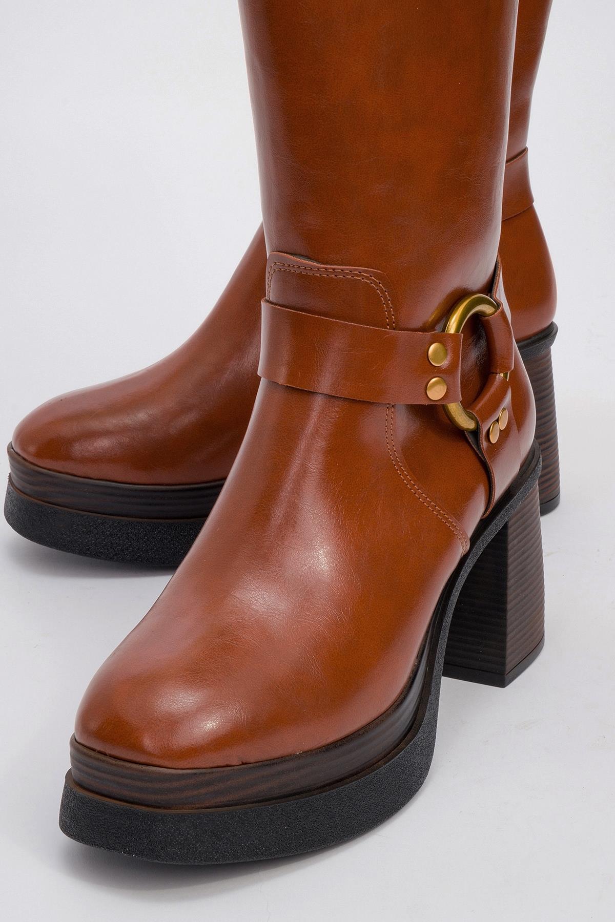 Rock - Cognac Buckle Zip Platform Heel Boot – detail view showing leather, Vowalisse
