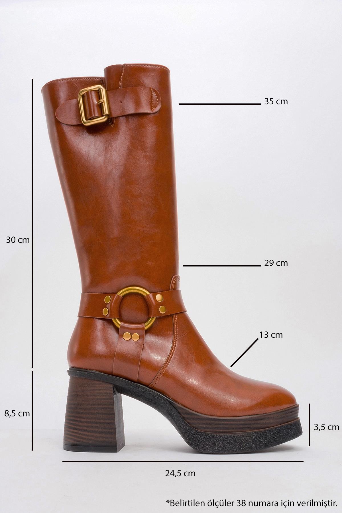 Rock - Cognac Buckle Zip Platform Heel Boot – heel view showing leather, Vowalisse