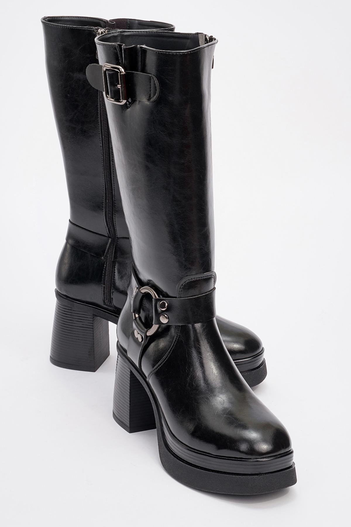 Rock - Black Buckle & Zip Platform Heel Boot – front three-quarter view showing leather, black, Vowalisse