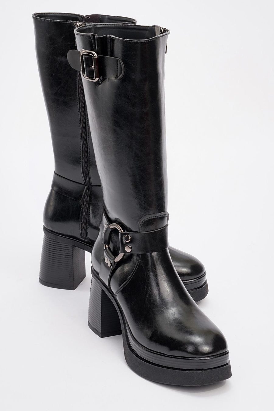 Rock - Black Buckle & Zip Platform Heel Boot