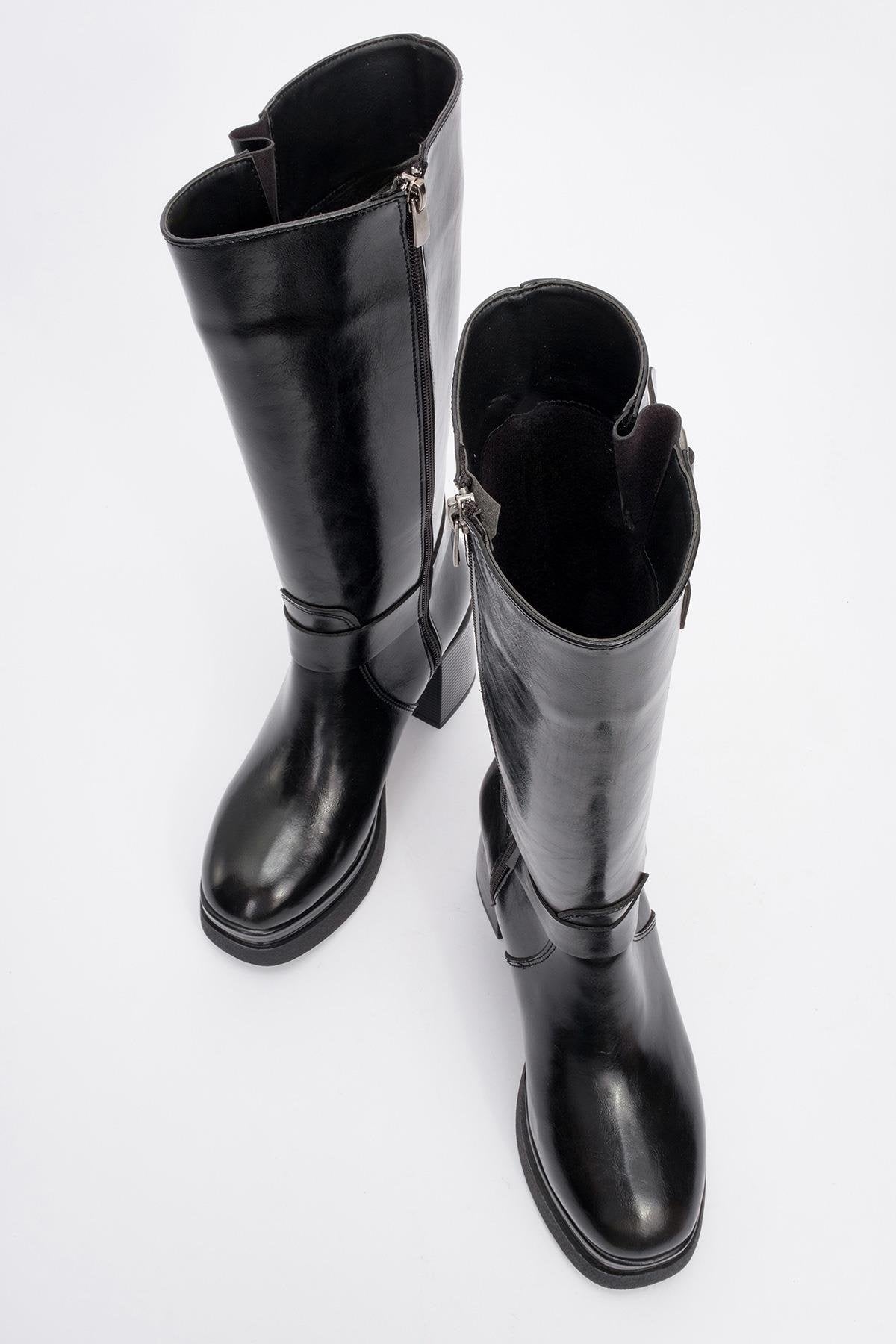 Rock - Black Buckle & Zip Platform Heel Boot – side view showing leather, black, Vowalisse