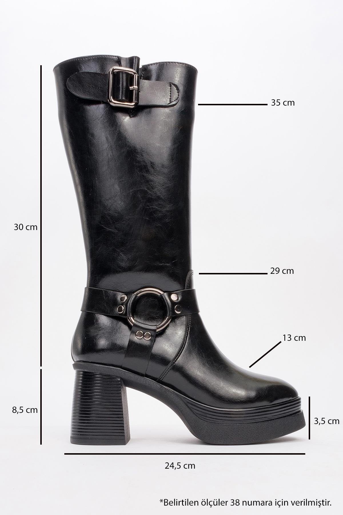 Rock - Black Buckle & Zip Platform Heel Boot – heel view showing leather, black, Vowalisse