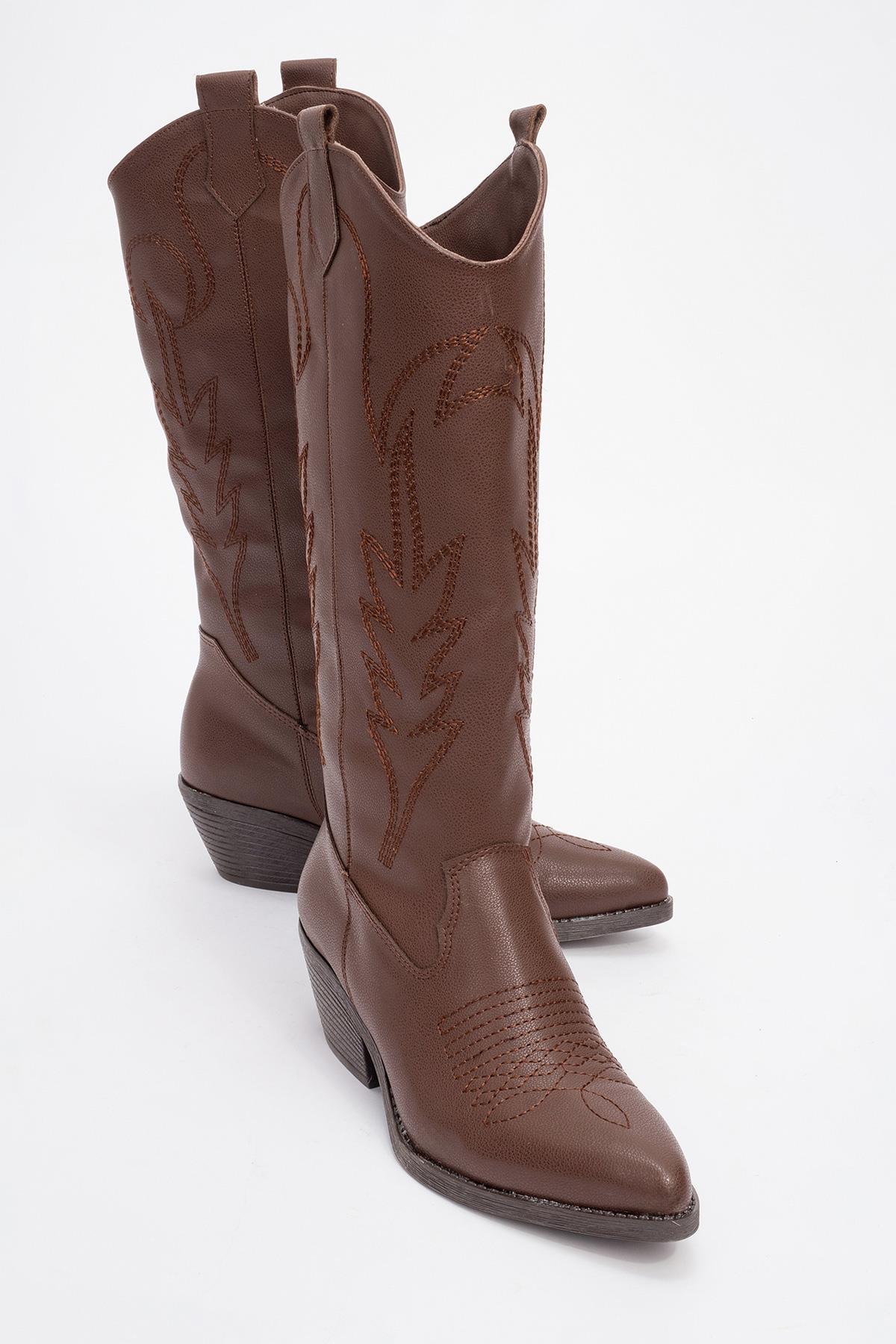 Liana - Brown Block Heel Western Boot – front three-quarter view showing leather, Vowalisse