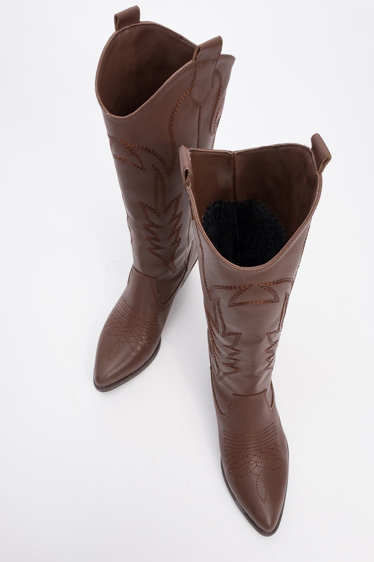 Liana - Brown Block Heel Western Boot – side view showing leather, Vowalisse