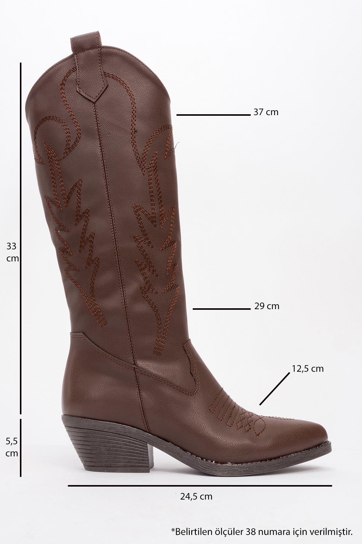 Liana - Brown Block Heel Western Boot – heel view showing leather, Vowalisse