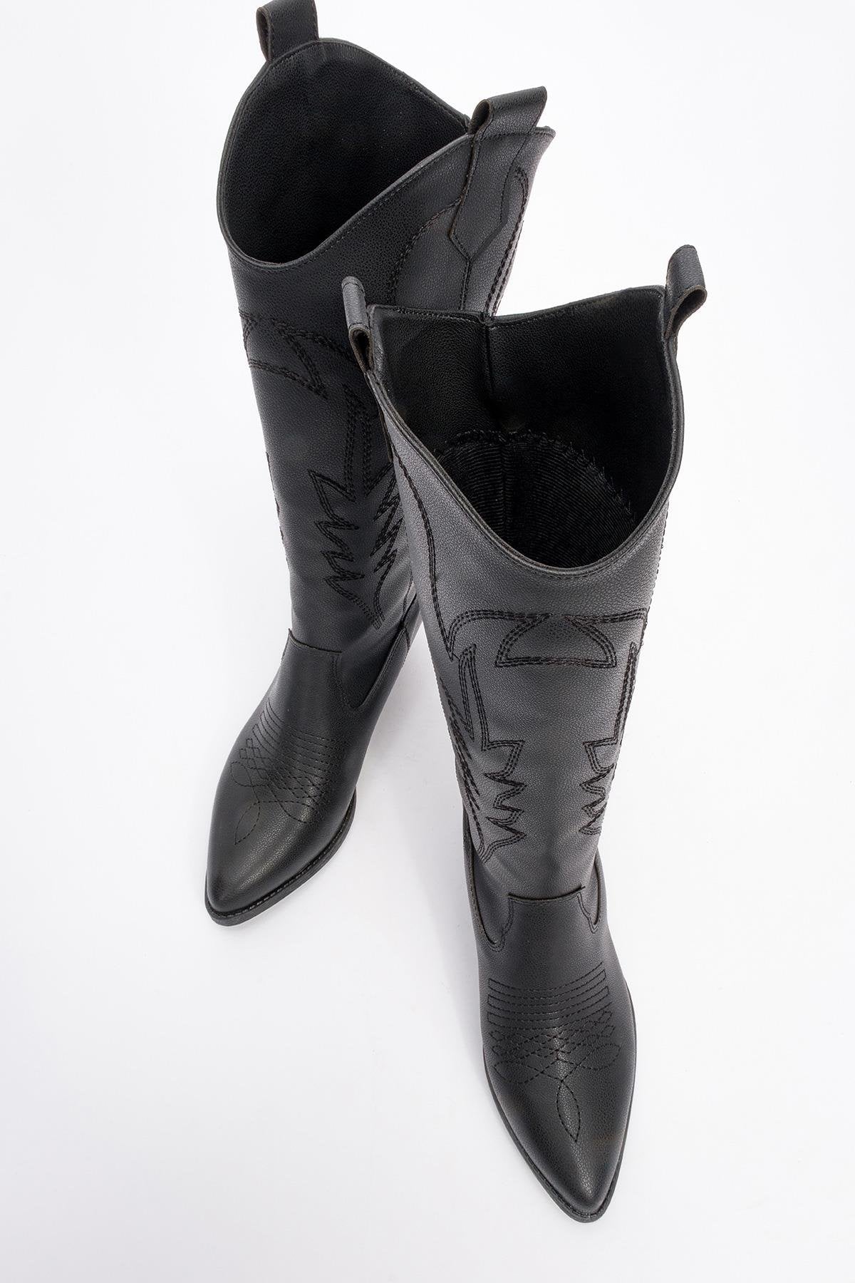 Liana - Black Block Heel Western Boot – side view showing leather, black, Vowalisse