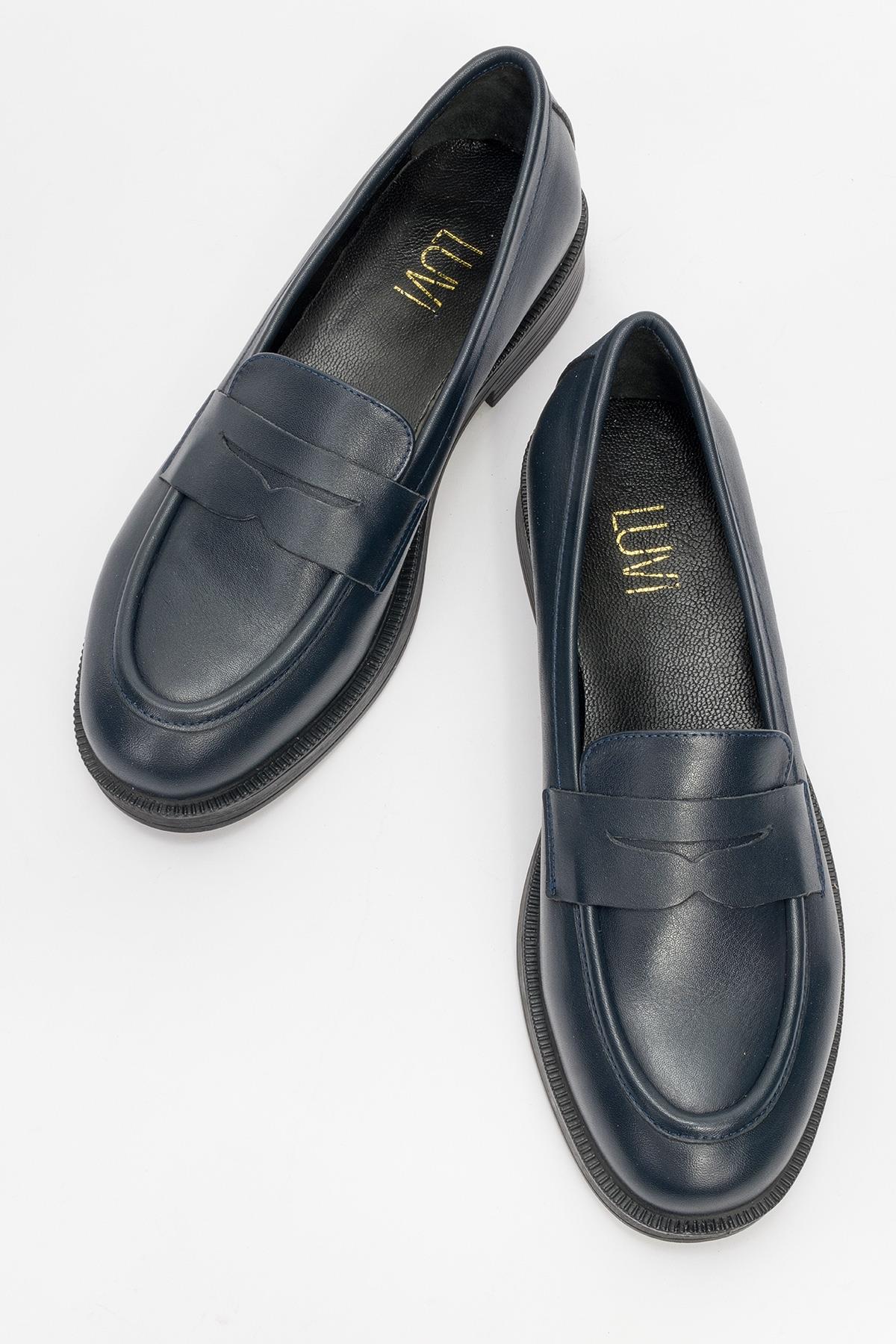Bree - Navy Genuine Leather Loafer – side view showing leather, Vowalisse