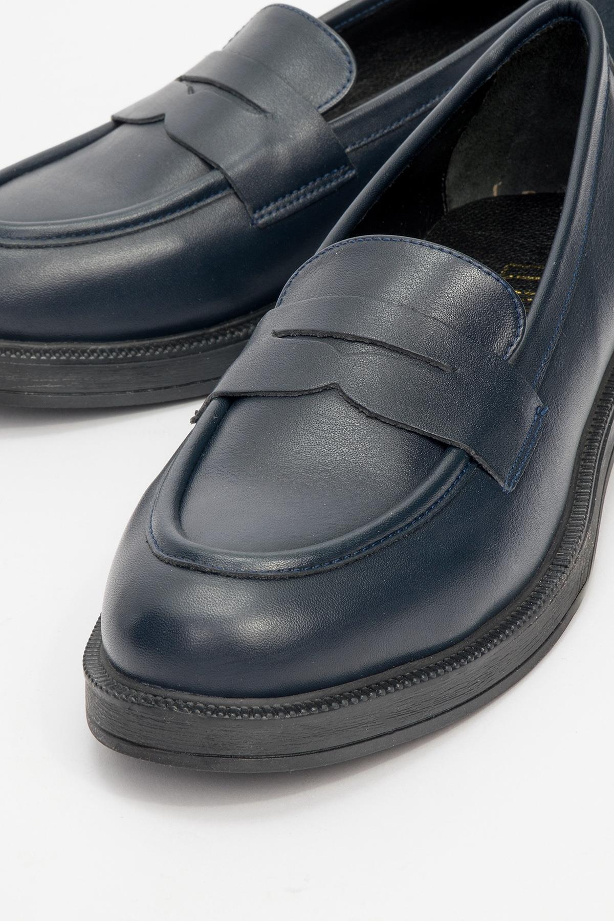 Bree - Navy Genuine Leather Loafer – detail view showing leather, Vowalisse