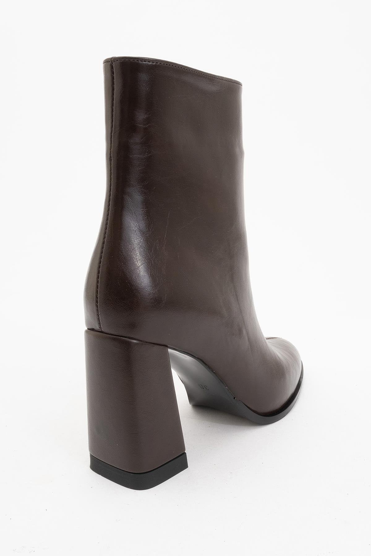 Jewel Brown High Heel Boot – heel view showing leather, red, Vowalisse