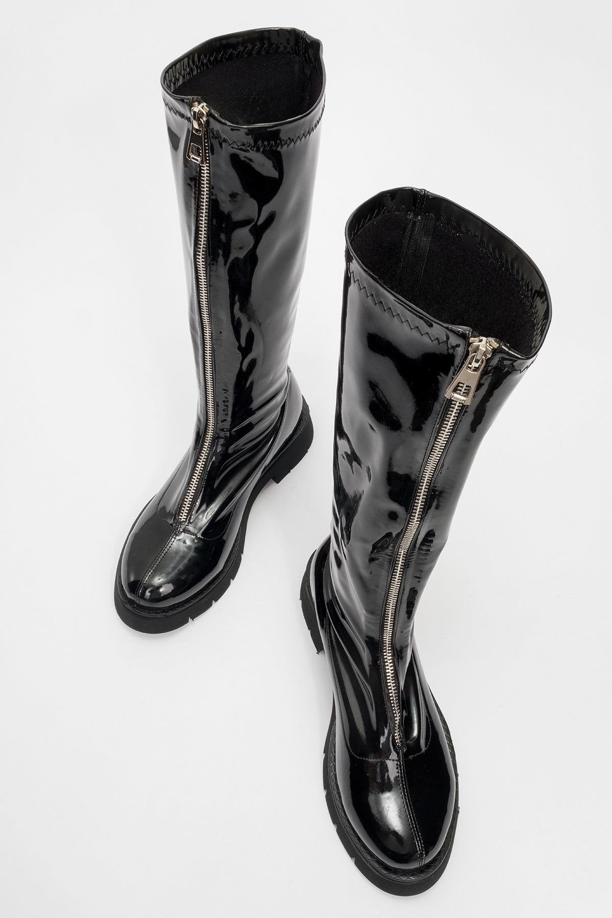 Reus - Black Patent Front-Zip Boot – side view showing leather, black, Vowalisse