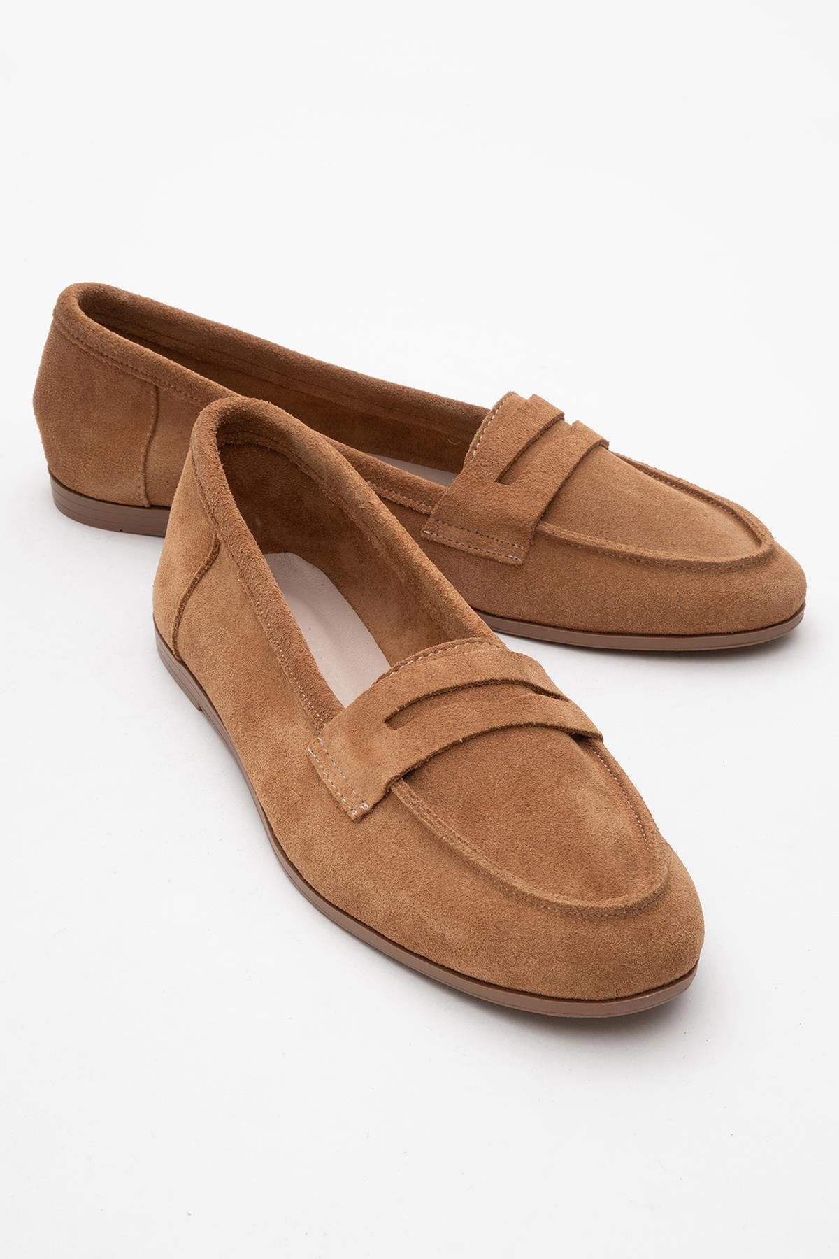 Dorothy - Cognac Brown Suede Leather Loafers – front three-quarter view showing leather, suede, Vowalisse