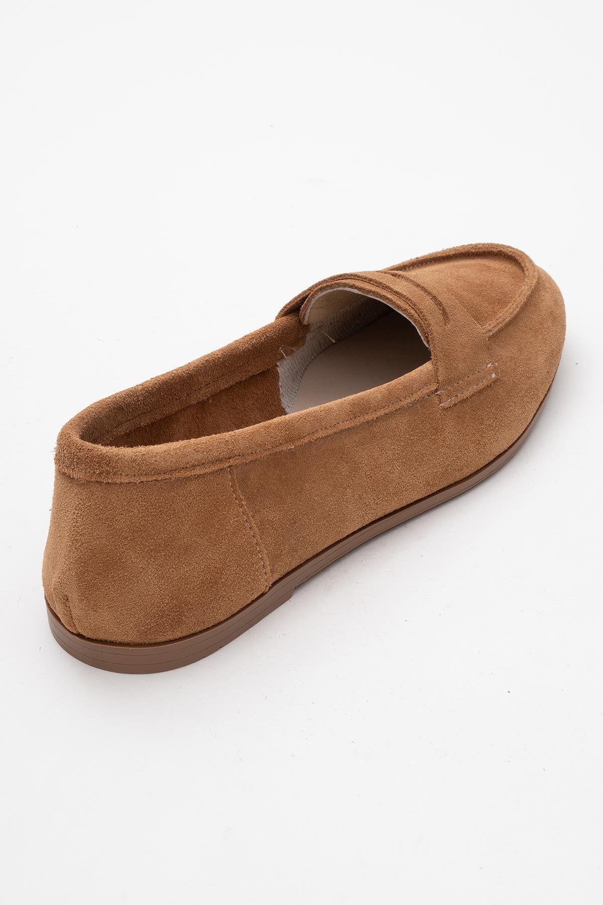 Dorothy - Cognac Brown Suede Leather Loafers – heel view showing leather, suede, Vowalisse