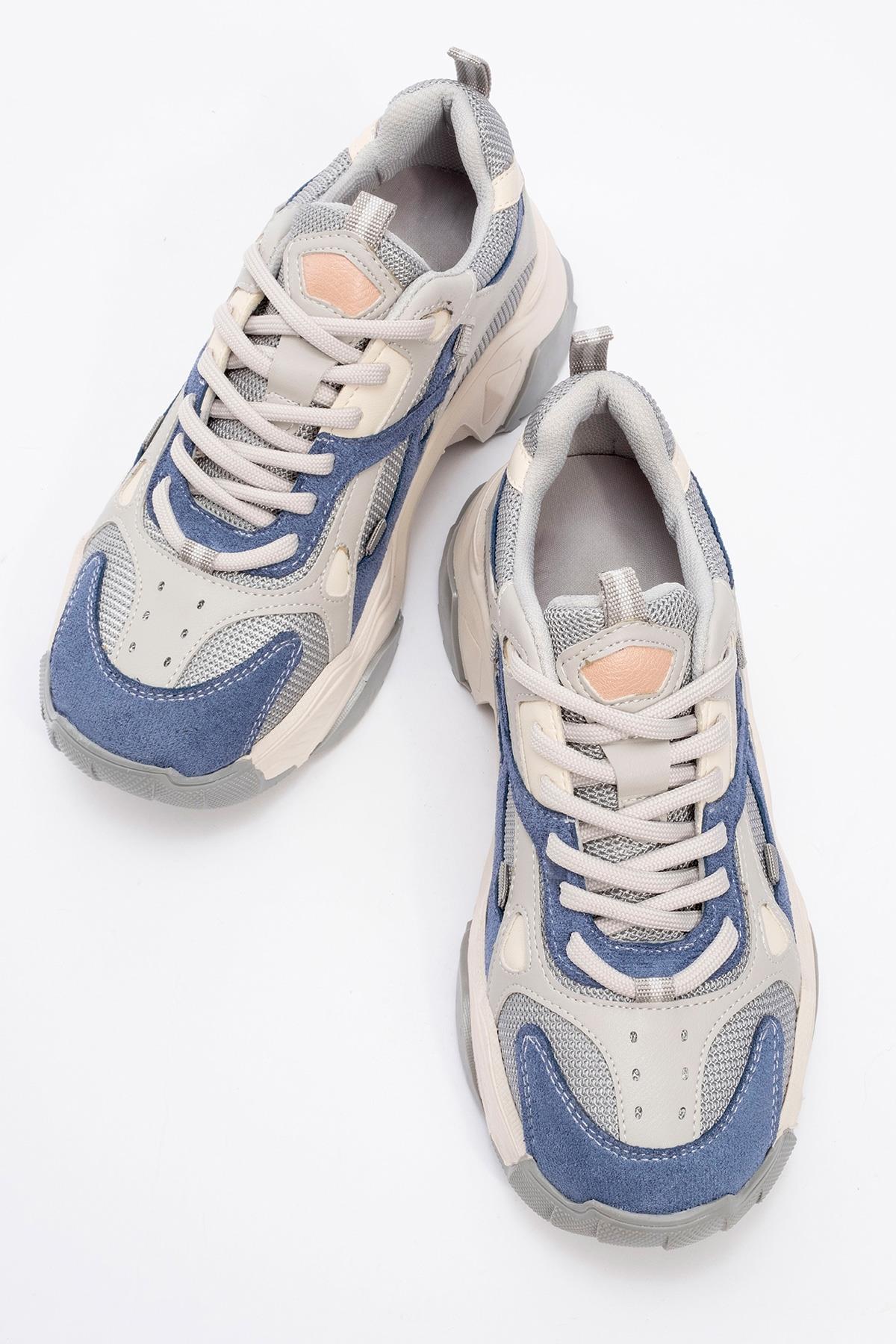 Loretta - Blue Gray Sneaker – side view showing leather, blue, Vowalisse
