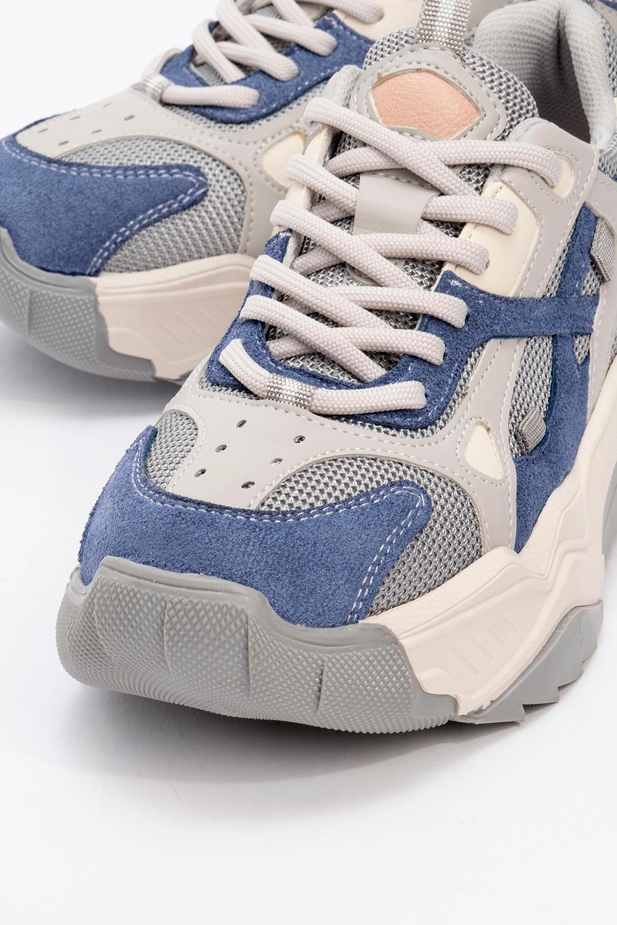 Loretta - Blue Gray Sneaker – detail view showing leather, blue, Vowalisse