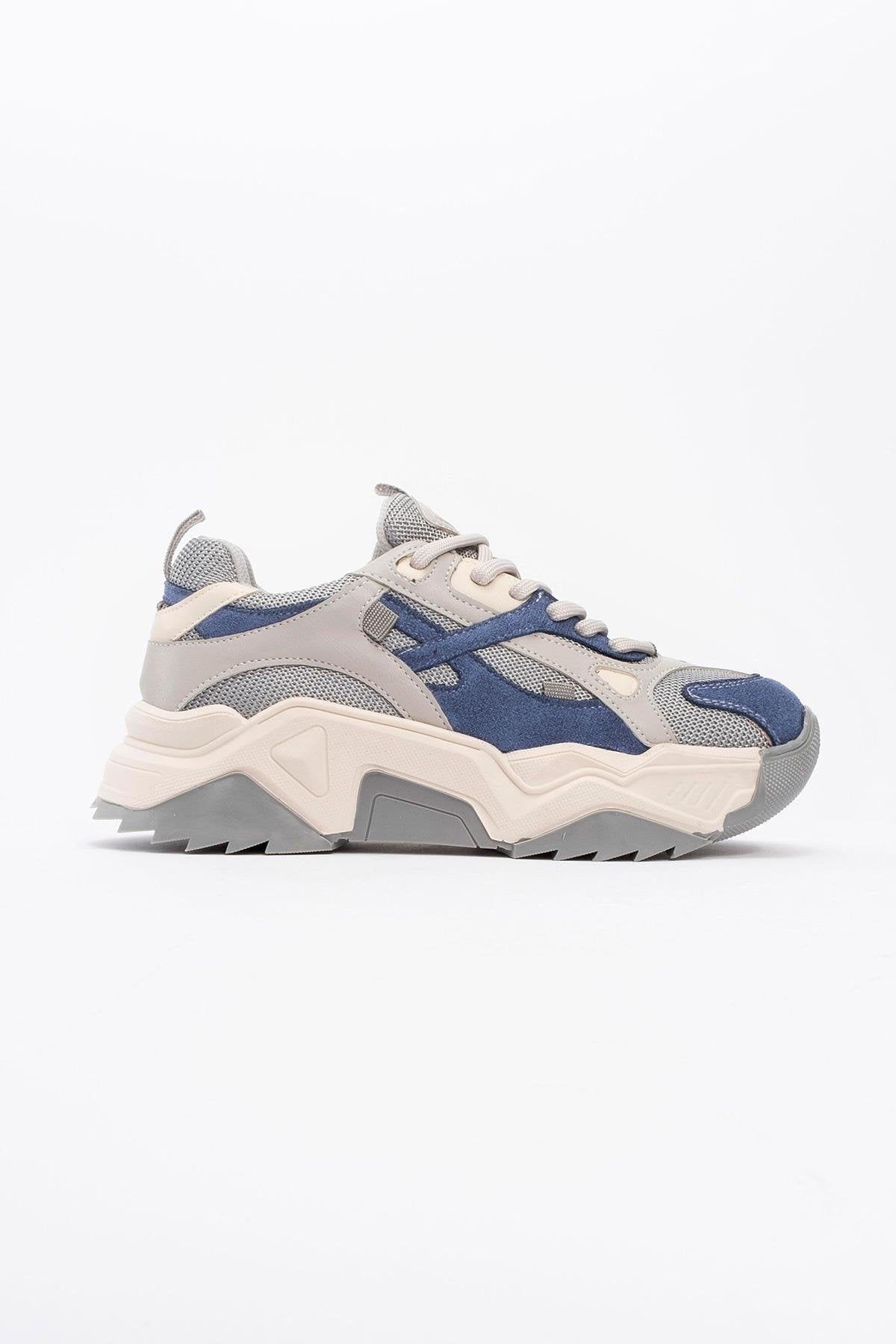 Loretta - Blue Gray Sneaker – heel view showing leather, blue, Vowalisse