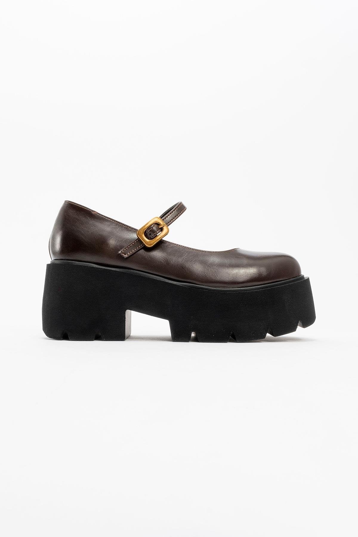 Linley Brown Platform Loafer – heel view showing leather, gold, Vowalisse