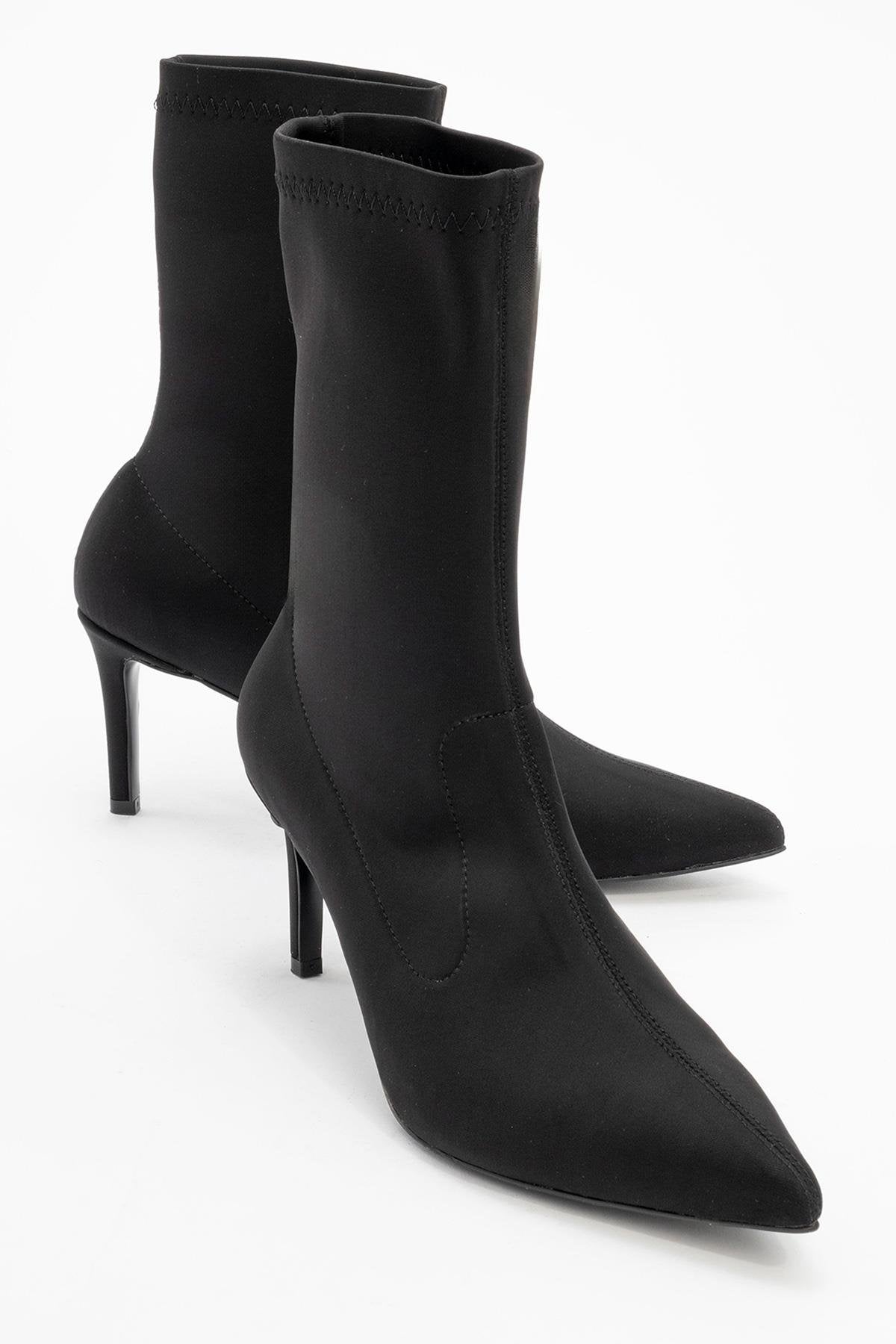 Thalin - Black Stretch Pointed Toe Slim Heel Boot – front three-quarter view showing black, Vowalisse