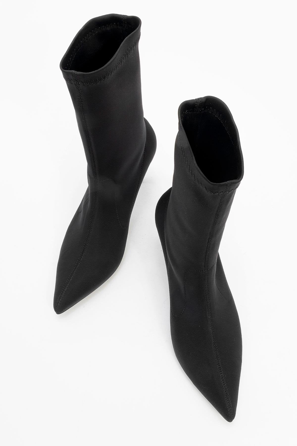 Thalin - Black Stretch Pointed Toe Slim Heel Boot – side view showing black, Vowalisse