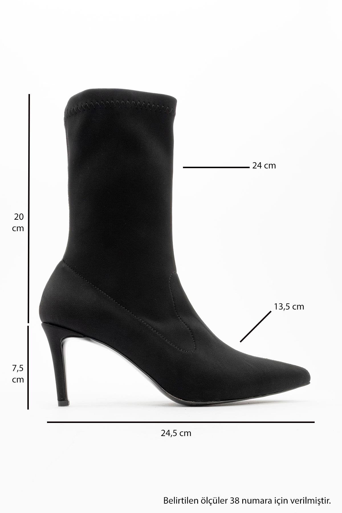 Thalin - Black Stretch Pointed Toe Slim Heel Boot – heel view showing black, Vowalisse