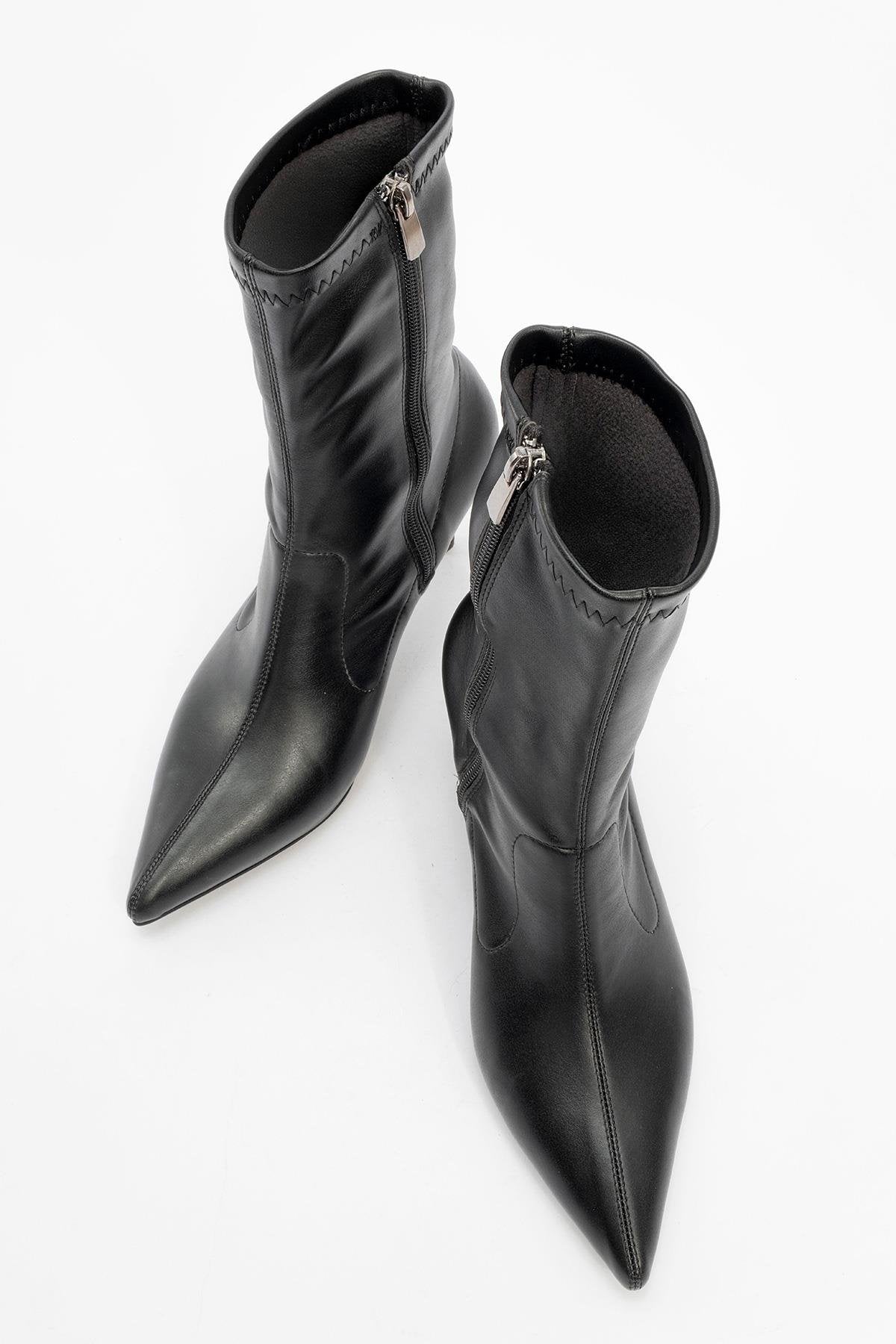 Thalin - Black Pointed Toe Side-Zip Stiletto Heel Boot – side view showing leather, black, Vowalisse
