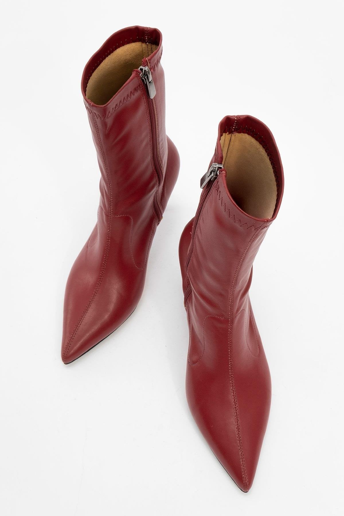 Thalin - Burgundy Pointed Toe Side-Zip Stiletto Heel Boot – side view showing leather, Vowalisse