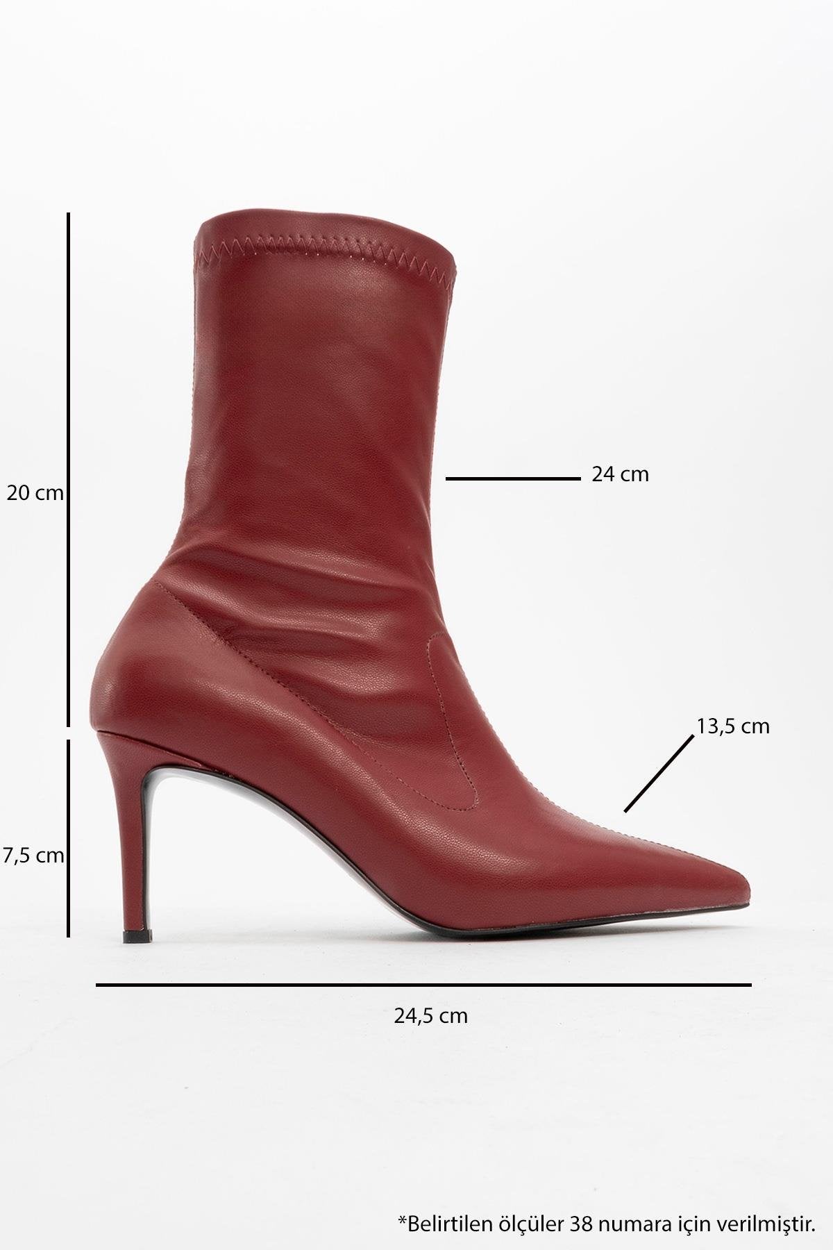 Thalin - Burgundy Pointed Toe Side-Zip Stiletto Heel Boot – heel view showing leather, Vowalisse