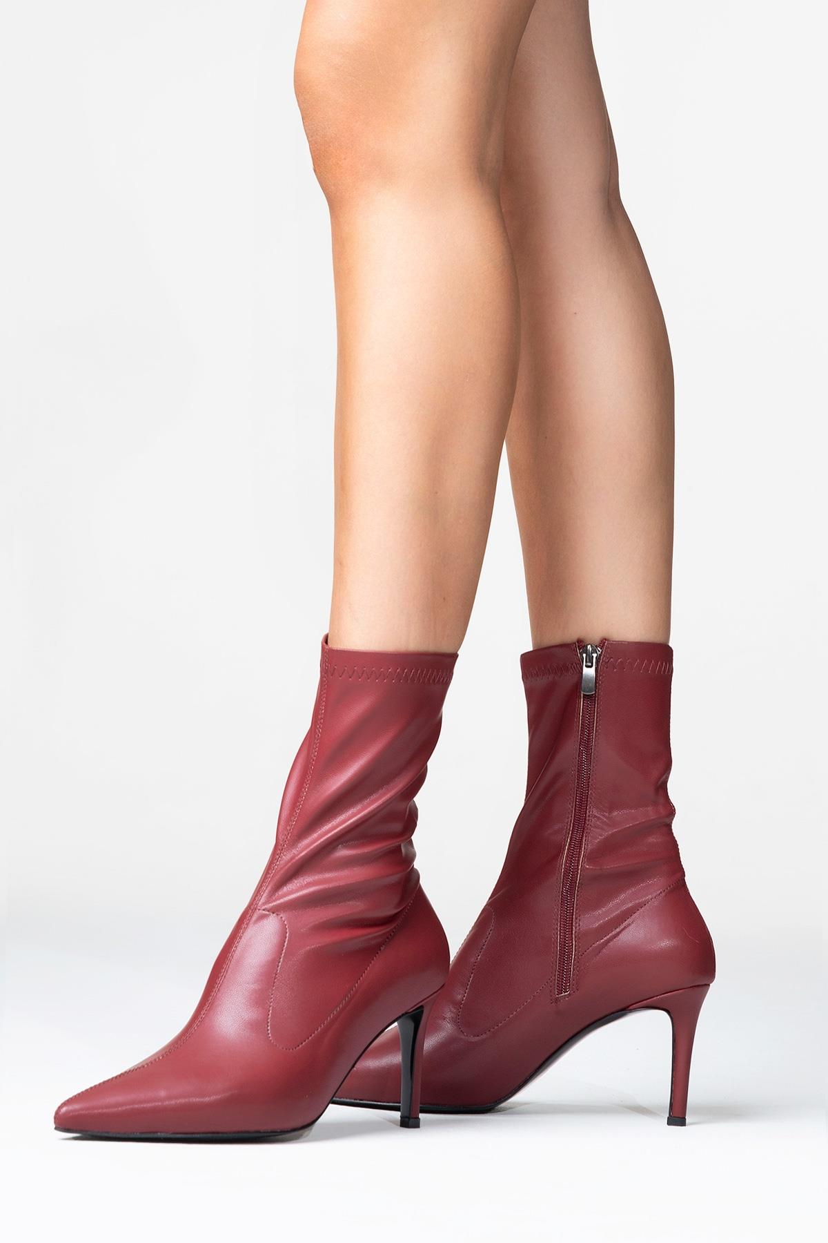 Thalin - Burgundy Pointed Toe Side-Zip Stiletto Heel Boot – back view showing leather, Vowalisse