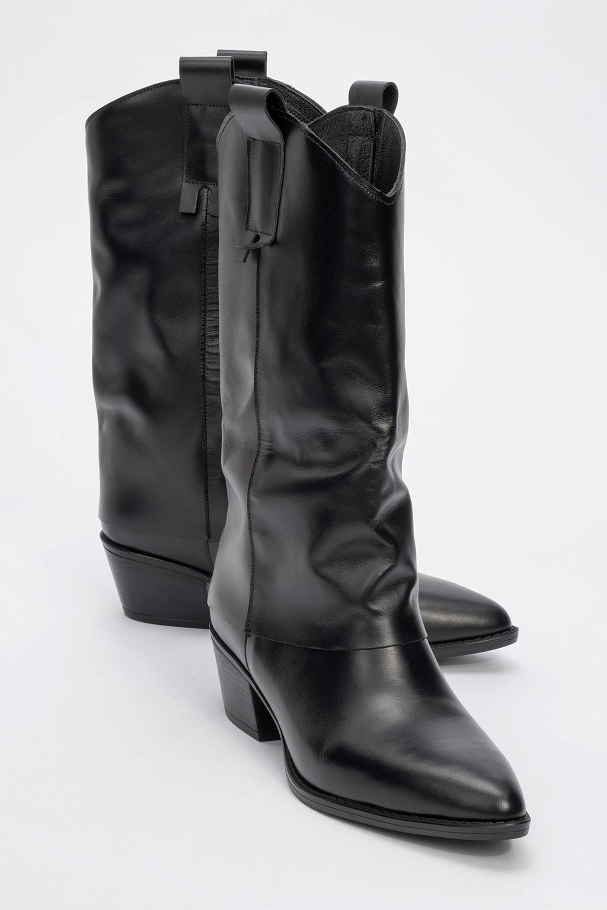 Sojo - Black Genuine Leather Block Heel Ankle Boot – front three-quarter view showing leather, black, Vowalisse