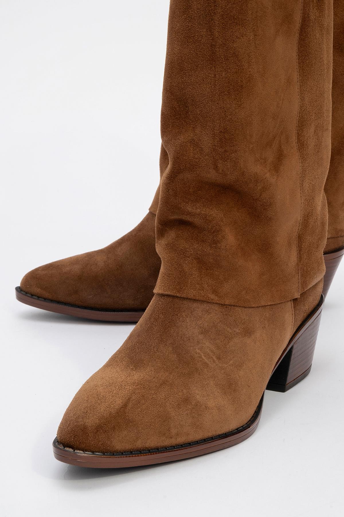 Sojo - Cognac Genuine Leather Block Heel Ankle Boot – detail view showing leather, Vowalisse