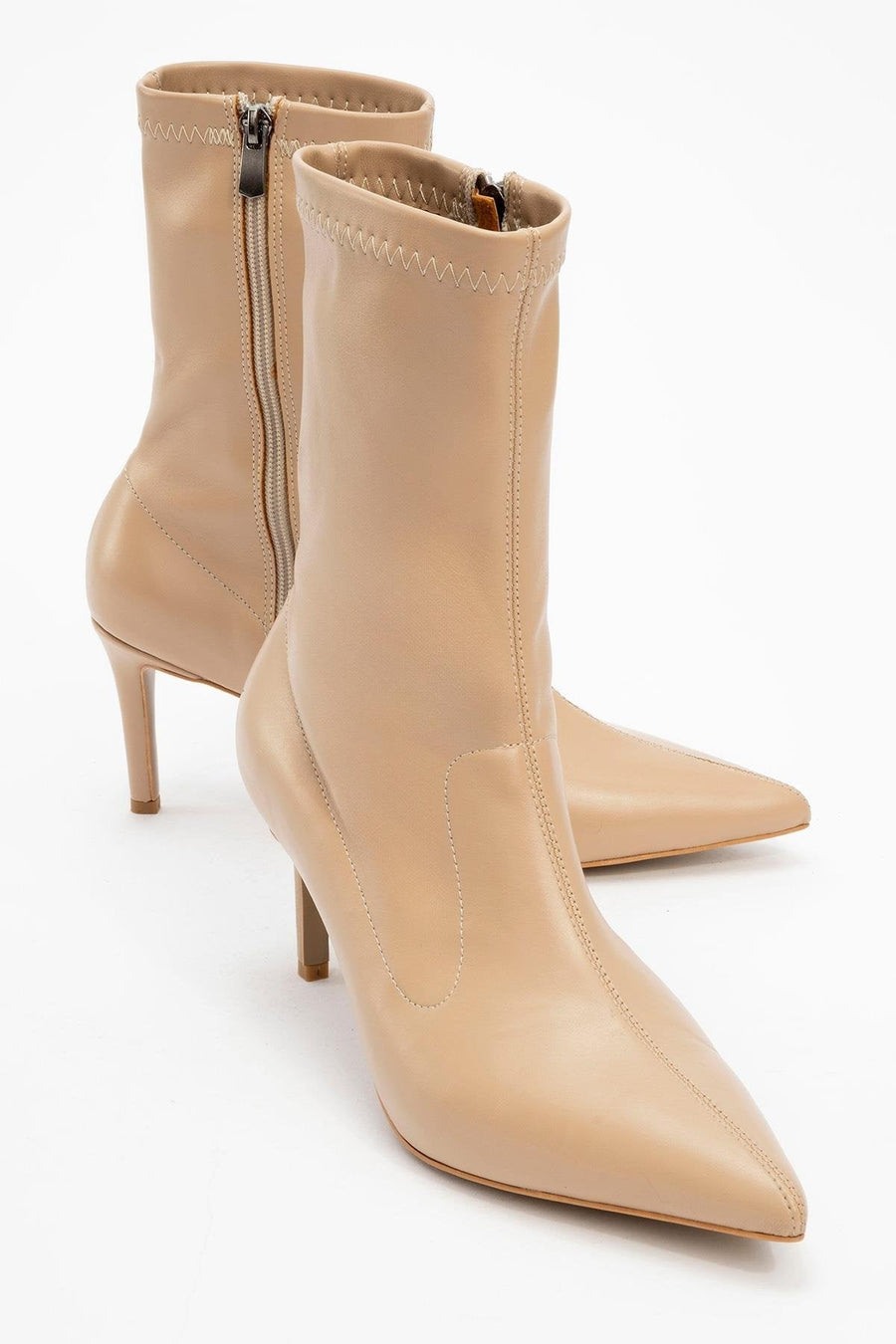 Thalin - Beige Pointed Toe Side-Zip Slim Heel Boot
