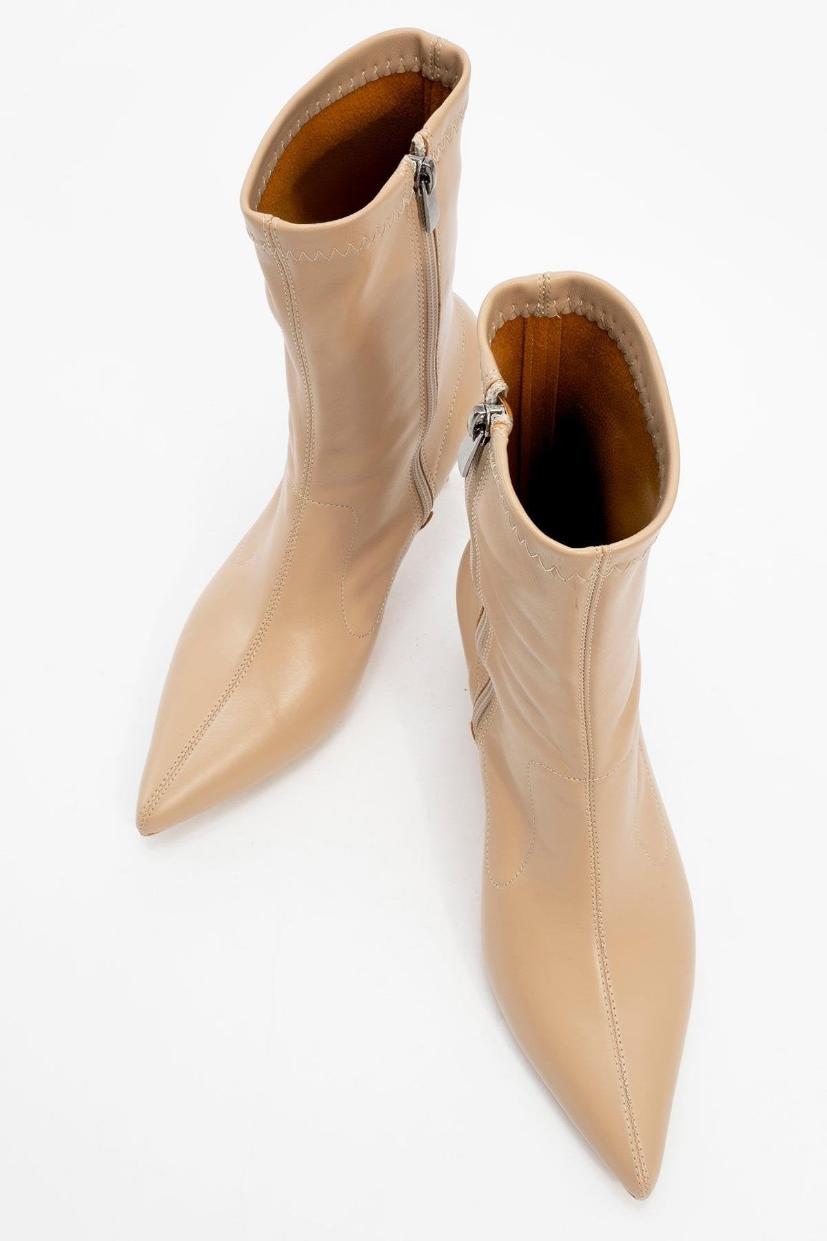 Thalin - Beige Pointed Toe Side-Zip Slim Heel Boot – side view showing leather, Vowalisse