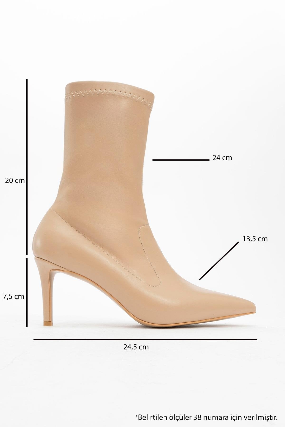 Thalin - Beige Pointed Toe Side-Zip Slim Heel Boot – heel view showing leather, Vowalisse