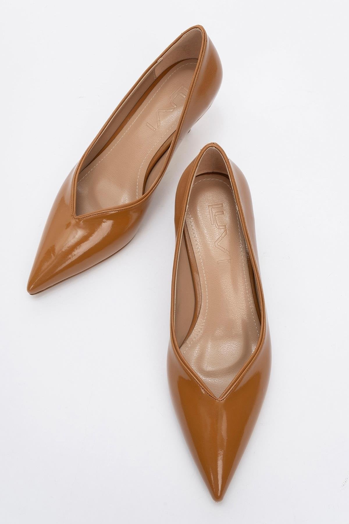 Eupho - Cognac Patent Low Heel Pump – side view showing leather, Vowalisse